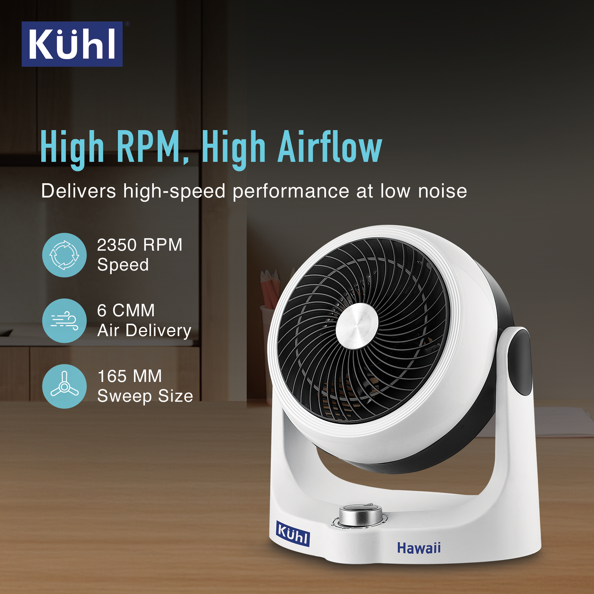 Kühl Hawaii (Desktop Swing Fan) | 3 speed control knob | Compact and lightweight | Tilt and Swing Function & Low Noise