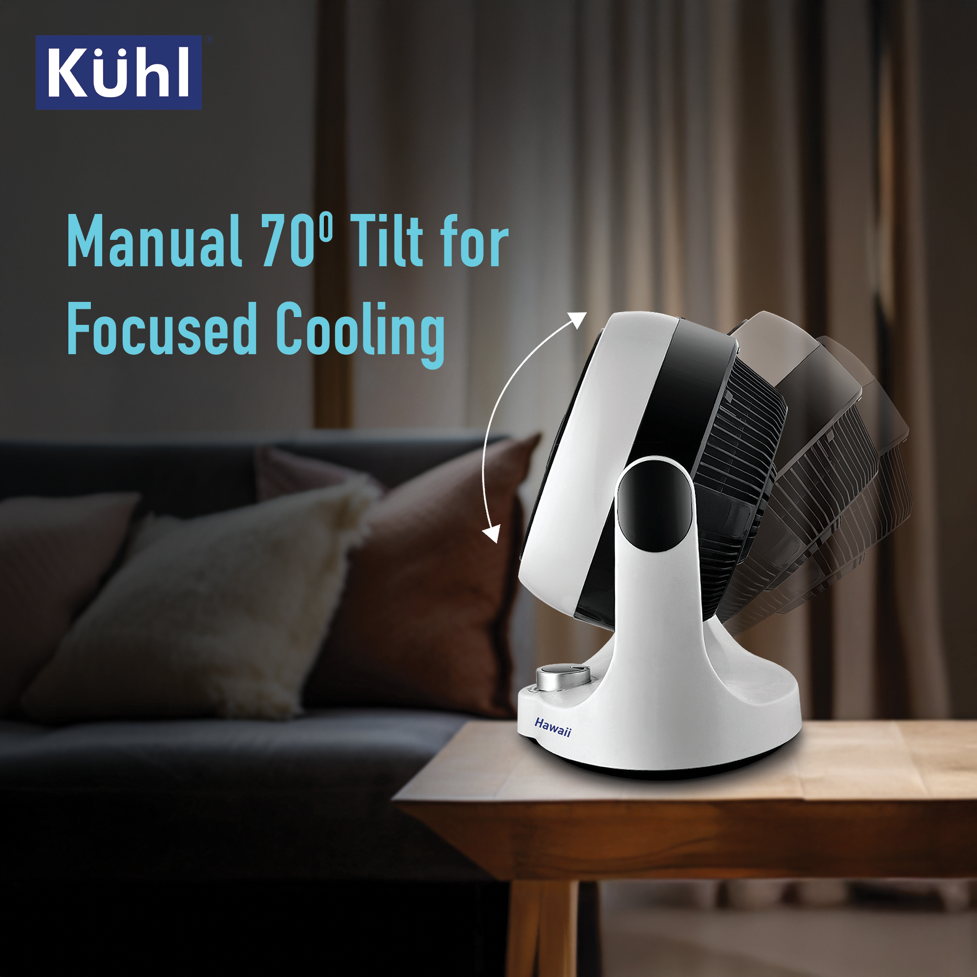 Kühl Hawaii (Desktop Swing Fan) | 3 speed control knob | Compact and lightweight | Tilt and Swing Function & Low Noise