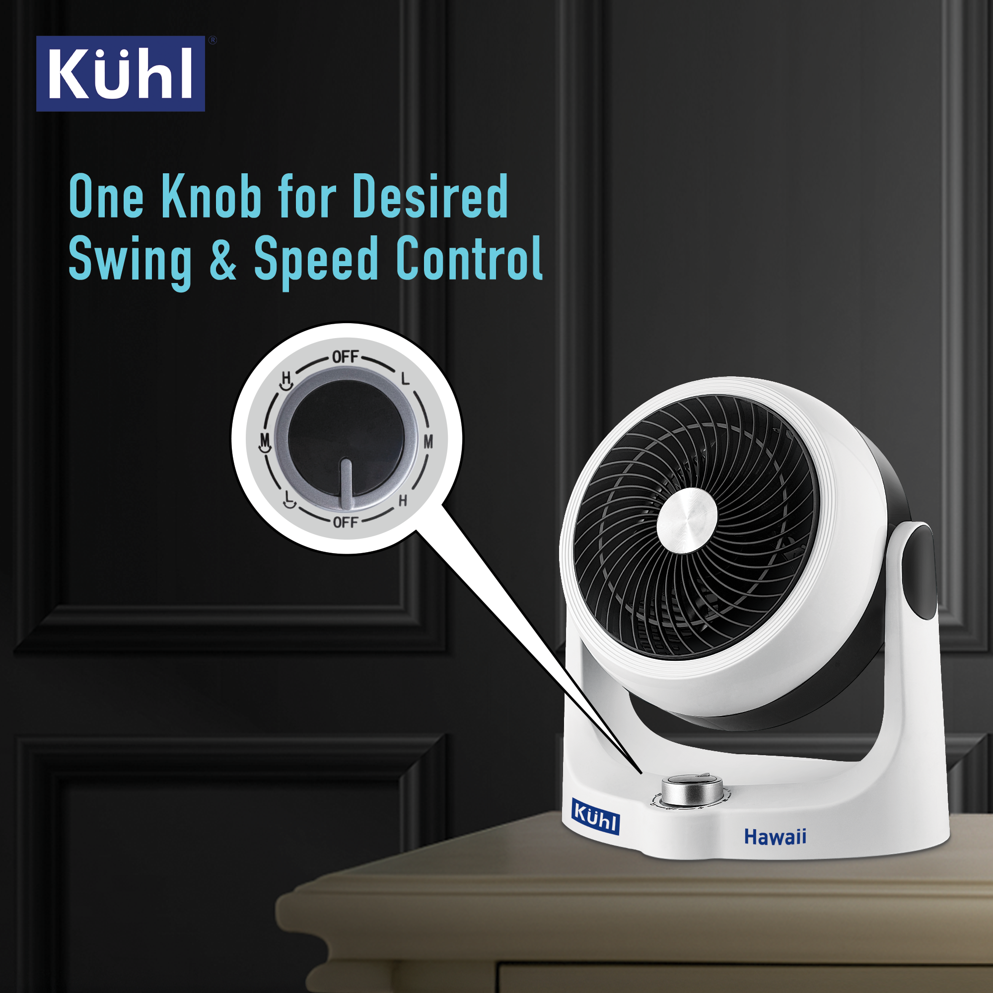 Kühl Hawaii (Desktop Swing Fan) | 3 speed control knob | Compact and lightweight | Tilt and Swing Function & Low Noise