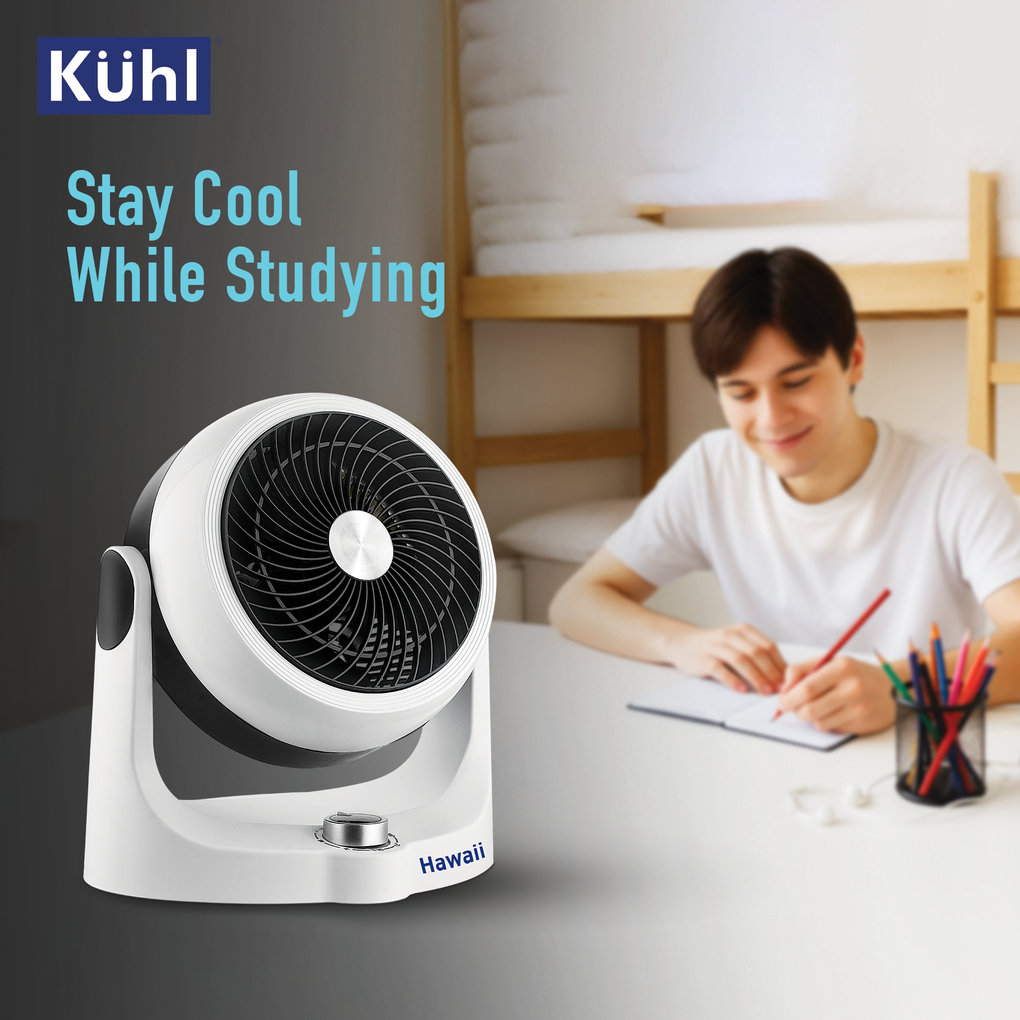 Kühl Hawaii (Desktop Swing Fan) | 3 speed control knob | Compact and lightweight | Tilt and Swing Function & Low Noise