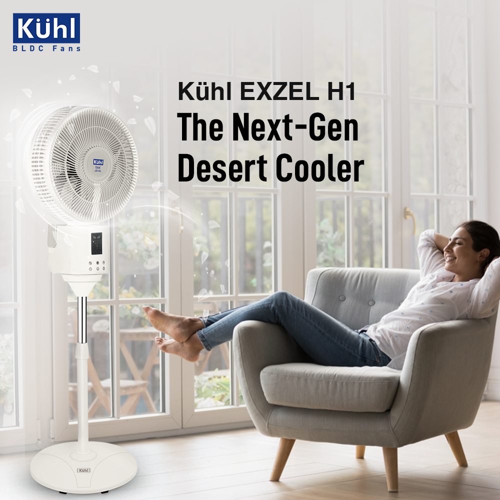 Kühl Exzel H1 Next Gen Desert Cooler BLDC Pedestal with Mist & Humidifier | 8Blades | 4Speed | Remote & Touch Panel with Display | Height Adjustement | Low Noise | 8 Hr Water Tank | Free installation