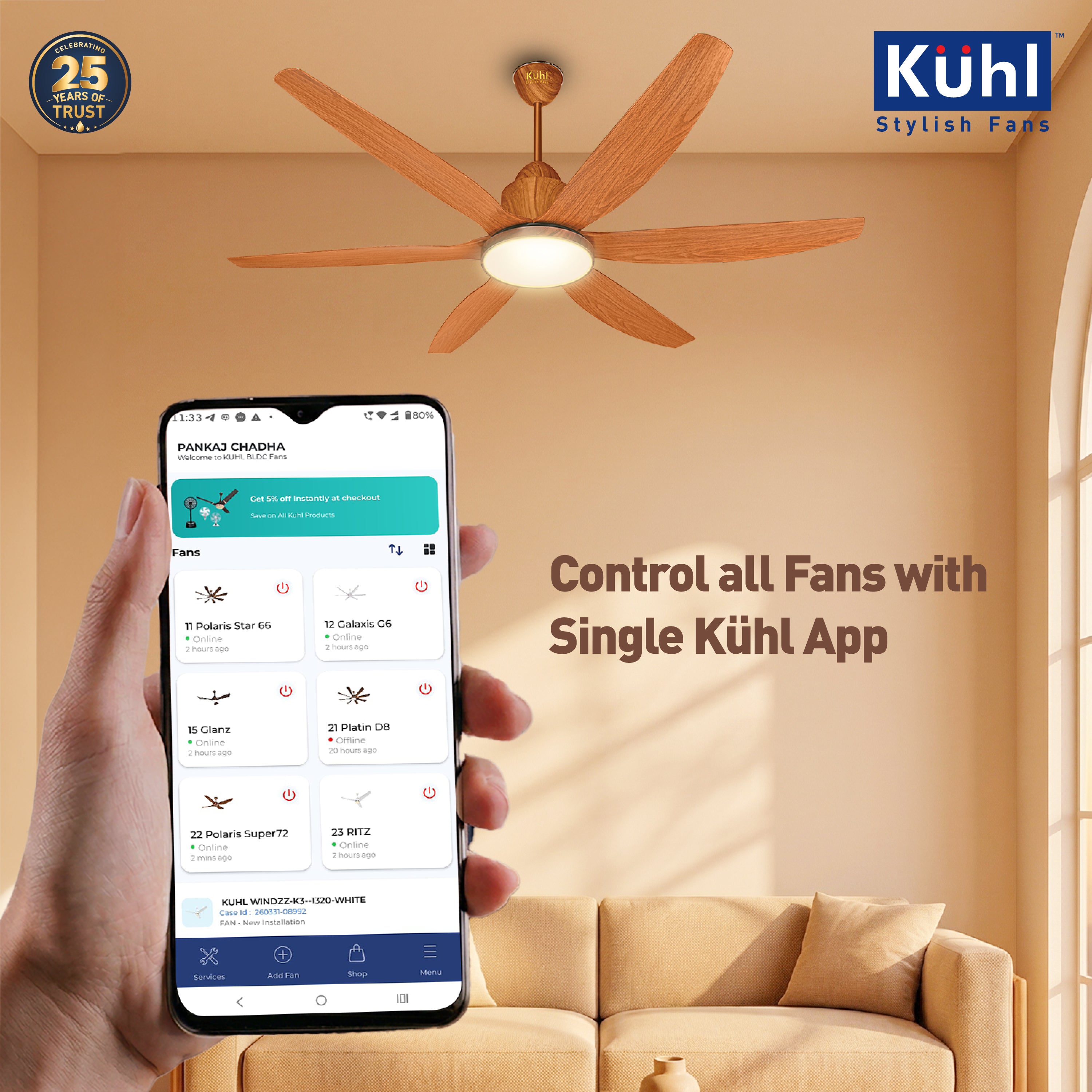 Kühl Galaxis Star G6 BLDC 1400mm Ceiling Fan | Next-Gen BLDC Motor | Saves Up to 65% Electricity | Operates on Smart Phone, Remote, IoT/ Wi-Fi and Alexa/ Voice Control | 32W | 3-Colour Down Light | BEE 5-Star & ISI Certified