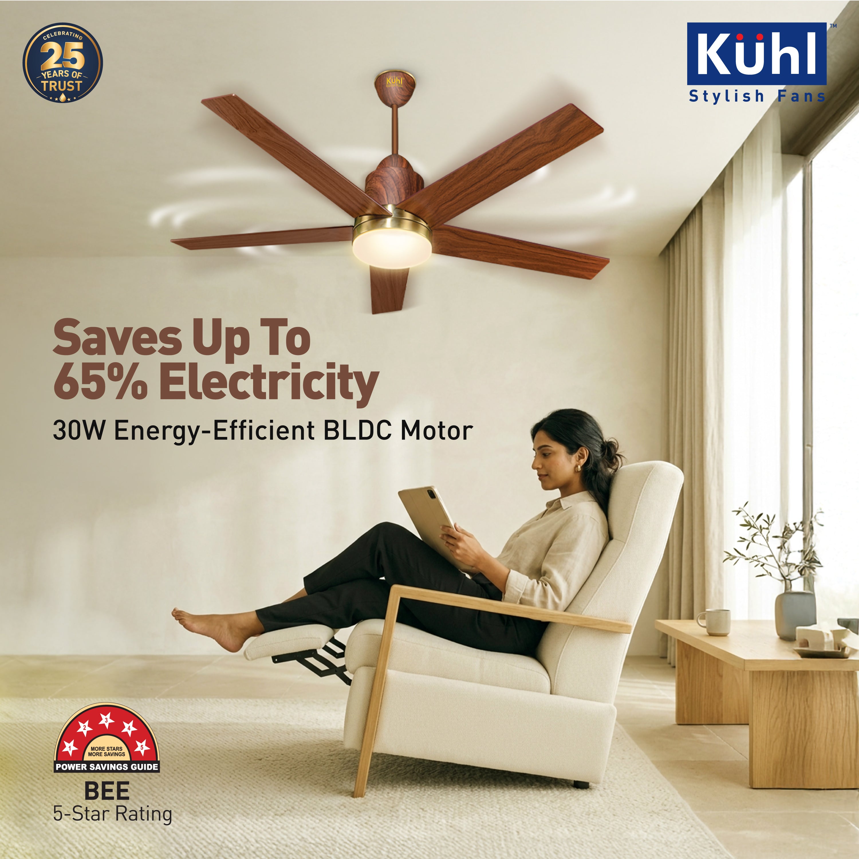 Kühl Luxus Super BLDC 1320mm Ceiling Fan | Next-Gen BLDC Motor | Saves Up to 65% Electricity | Operates on Smart Phone, Remote, IoT/ Wi-Fi and Alexa/ Voice Control | 30W | 3-Colour Down Light | BEE 5-Star & ISI Certified