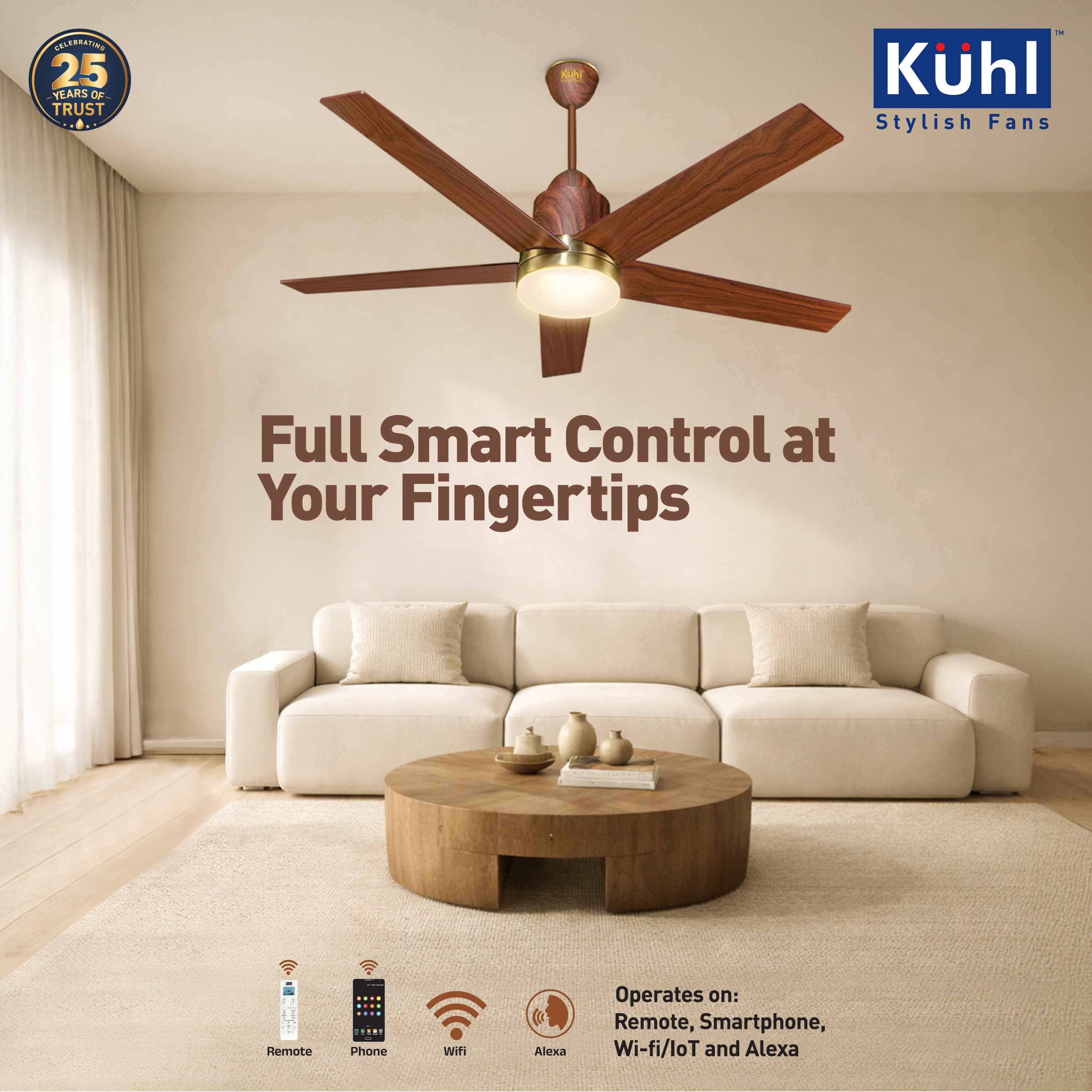Kühl Luxus Super BLDC 1320mm Ceiling Fan | Next-Gen BLDC Motor | Saves Up to 65% Electricity | Operates on Smart Phone, Remote, IoT/ Wi-Fi and Alexa/ Voice Control | 30W | 3-Colour Down Light | BEE 5-Star & ISI Certified