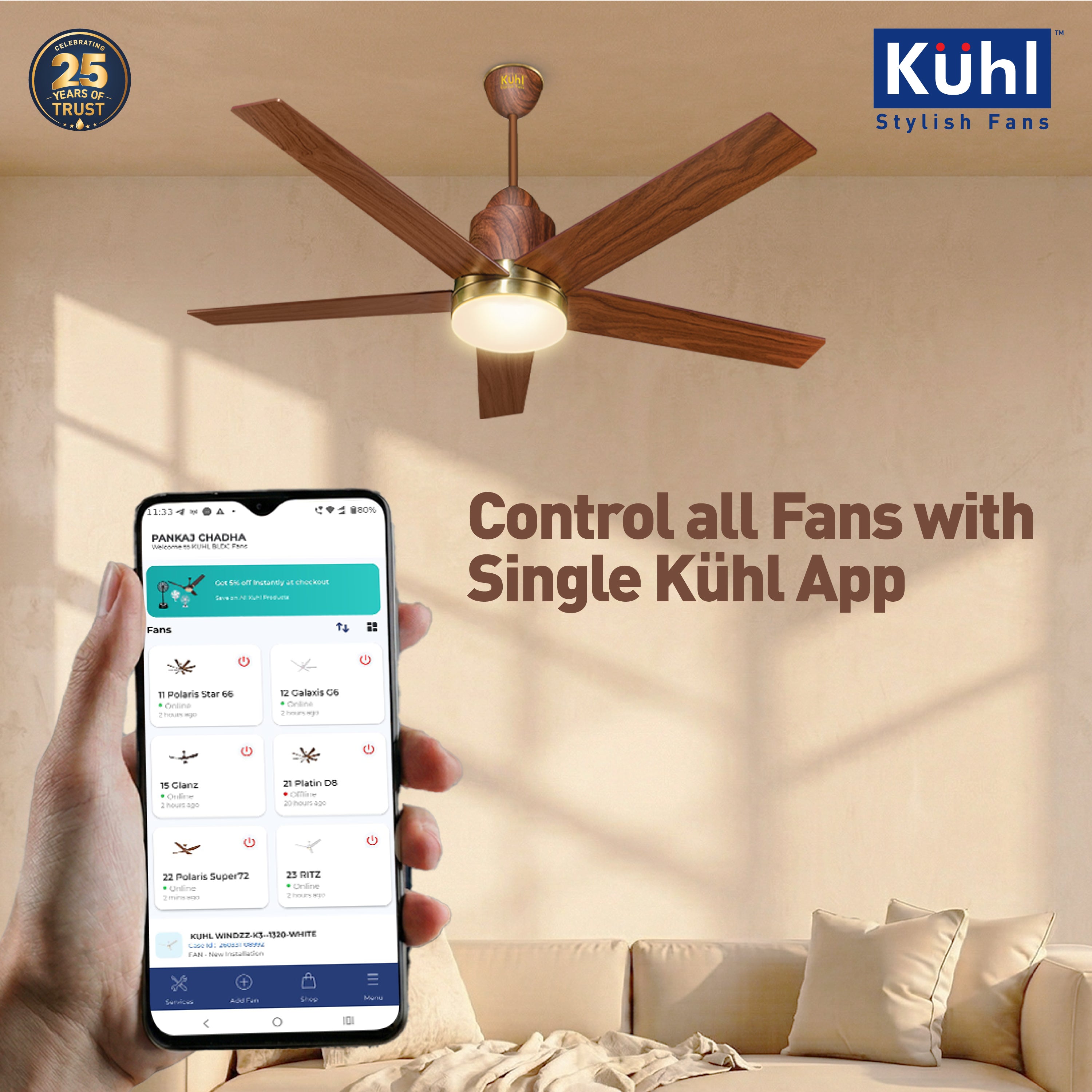 Kühl Luxus Super BLDC 1320mm Ceiling Fan | Next-Gen BLDC Motor | Saves Up to 65% Electricity | Operates on Smart Phone, Remote, IoT/ Wi-Fi and Alexa/ Voice Control | 30W | 3-Colour Down Light | BEE 5-Star & ISI Certified