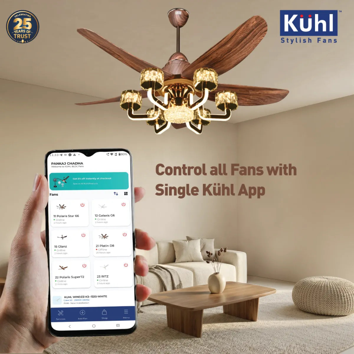 Kühl Centauri 5 BLDC 1320mm Ceiling Fan | Next-Gen BLDC Motor | Saves Up to 65% Electricity | Operates on Smart Phone, Remote, IoT/ Wi-Fi and Alexa/ Voice Control | 38W | 35W Chandelier | BEE 5-Star & ISI Certified