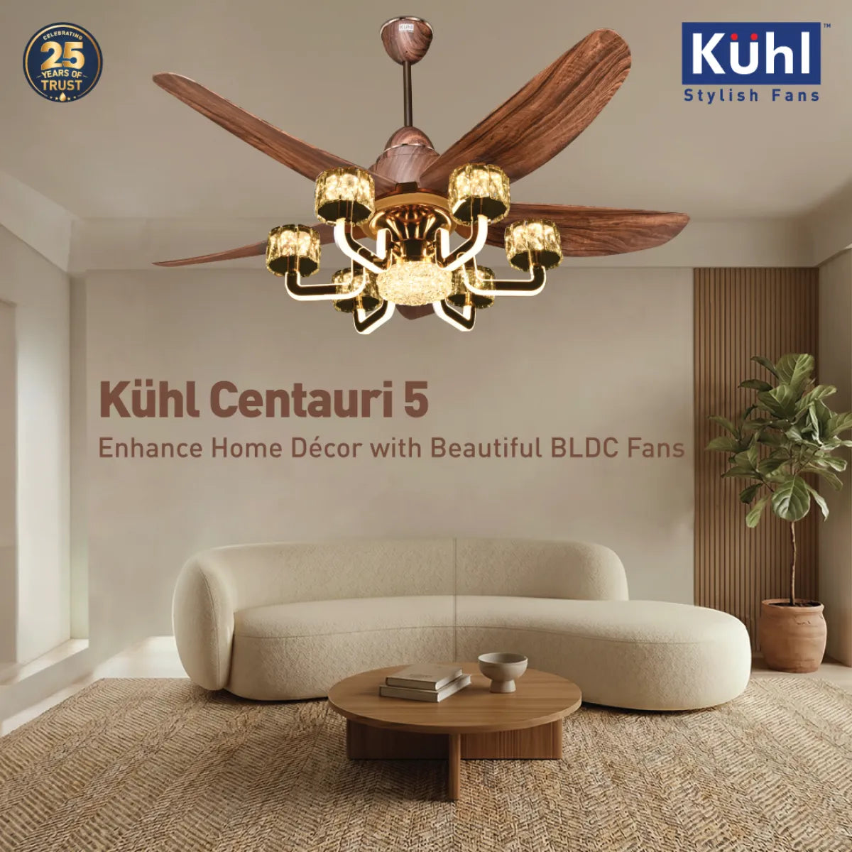 Kühl Centauri 5 BLDC 1320mm Ceiling Fan | Next-Gen BLDC Motor | Saves Up to 65% Electricity | Operates on Smart Phone, Remote, IoT/ Wi-Fi and Alexa/ Voice Control | 38W | 35W Chandelier | BEE 5-Star & ISI Certified