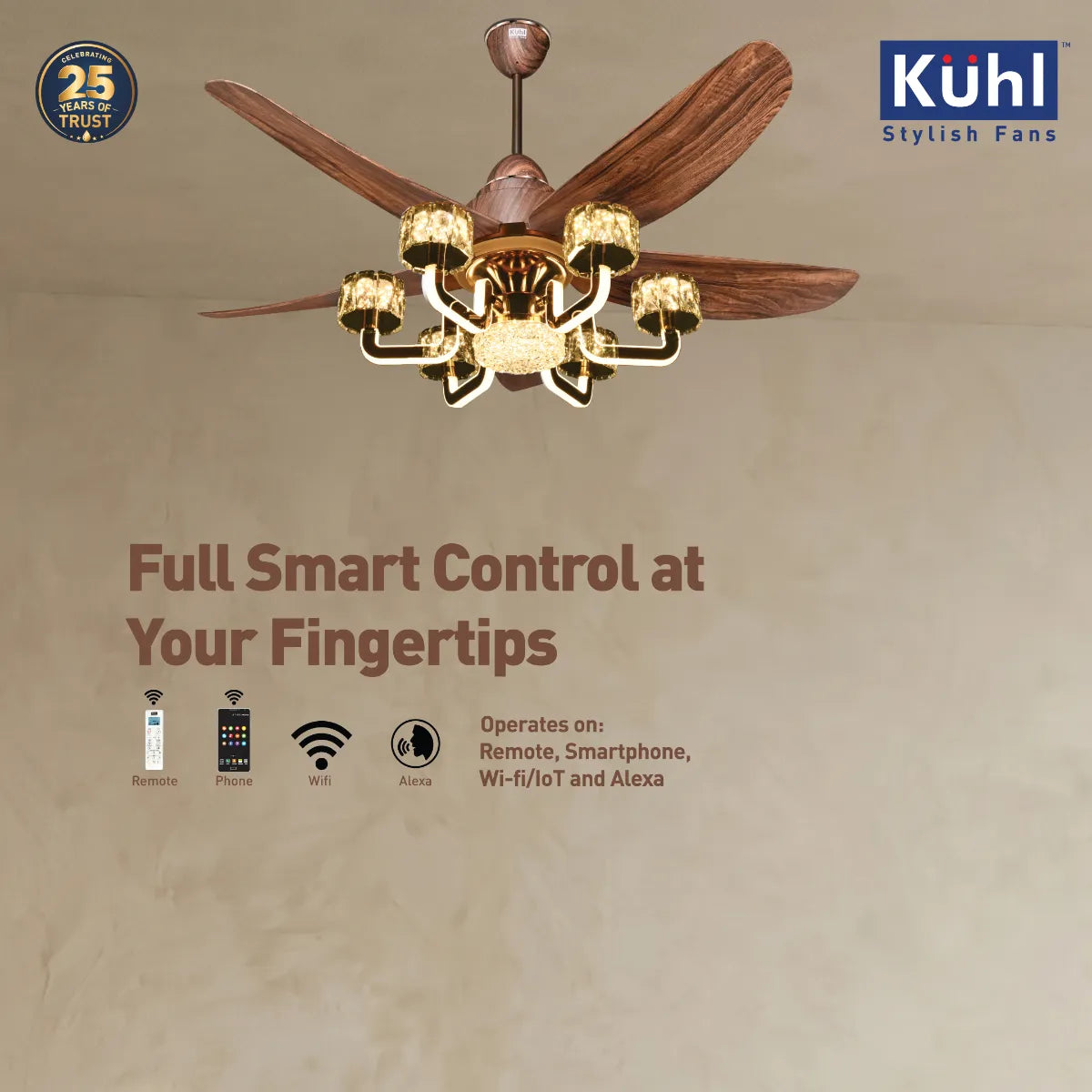 Kühl Centauri 5 BLDC 1320mm Ceiling Fan | Next-Gen BLDC Motor | Saves Up to 65% Electricity | Operates on Smart Phone, Remote, IoT/ Wi-Fi and Alexa/ Voice Control | 38W | 35W Chandelier | BEE 5-Star & ISI Certified
