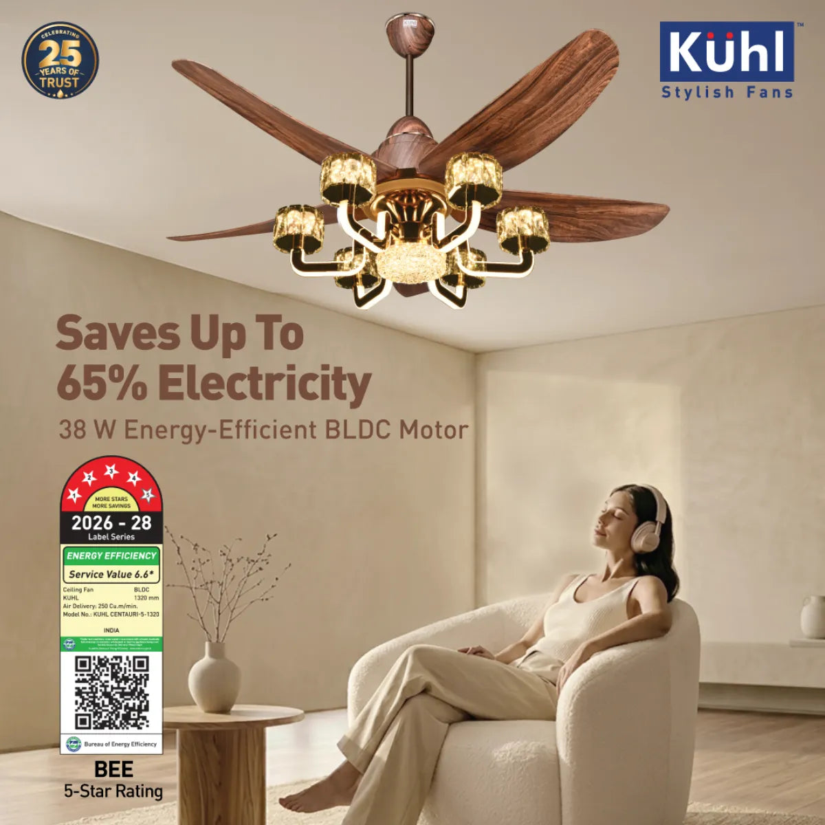 Kühl Centauri 5 BLDC 1320mm Ceiling Fan | Next-Gen BLDC Motor | Saves Up to 65% Electricity | Operates on Smart Phone, Remote, IoT/ Wi-Fi and Alexa/ Voice Control | 38W | 35W Chandelier | BEE 5-Star & ISI Certified
