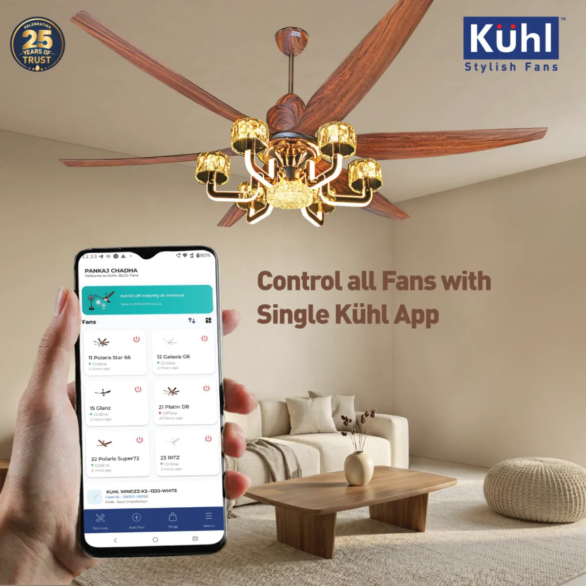 Kühl Centauri 6 BLDC 1670mm Ceiling Fan | Next-Gen BLDC Motor | Saves Up to 65% Electricity | Operates on Smart Phone, Remote, IoT/ Wi-Fi and Alexa/ Voice Control | 37W | 35W Chandelier | High Airflow | 5-Year Motor Warranty