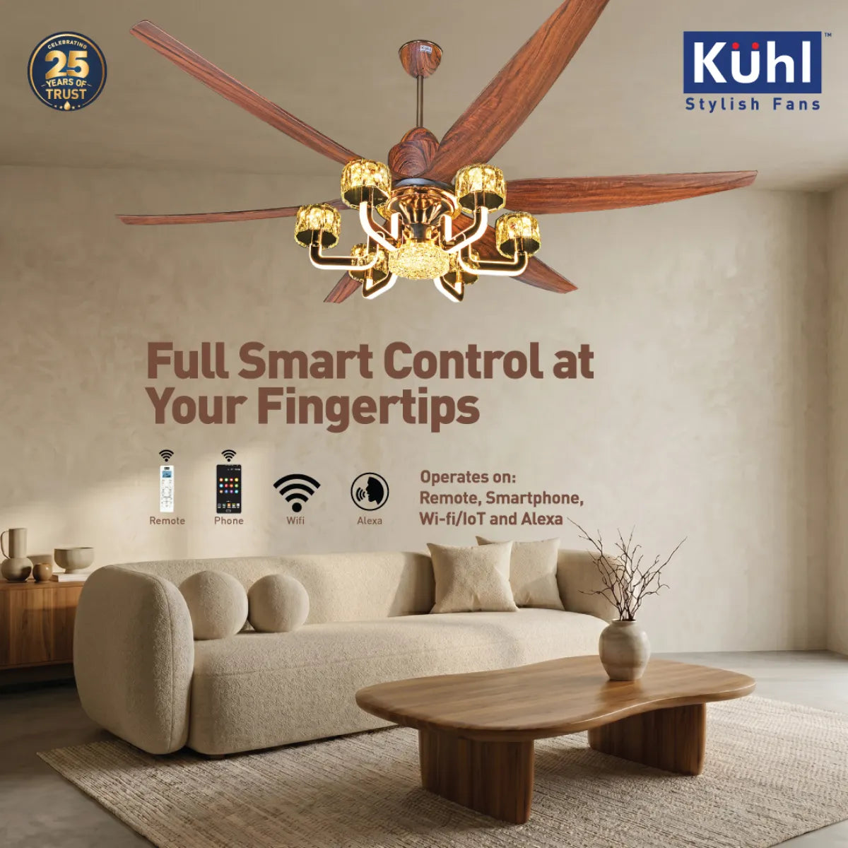 Kühl Centauri 6 BLDC 1670mm Ceiling Fan | Next-Gen BLDC Motor | Saves Up to 65% Electricity | Operates on Smart Phone, Remote, IoT/ Wi-Fi and Alexa/ Voice Control | 37W | 35W Chandelier | High Airflow | 5-Year Motor Warranty