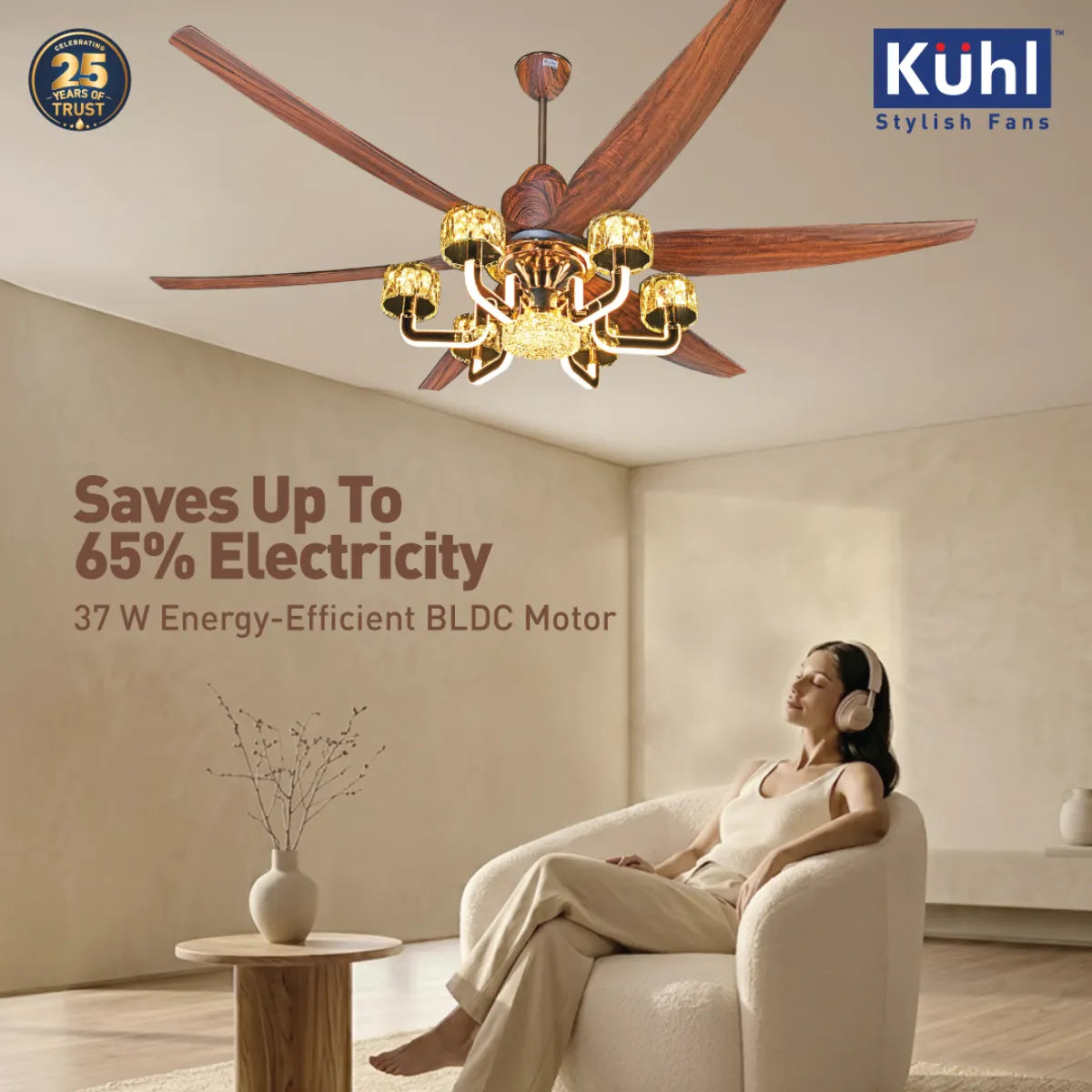 Kühl Centauri 6 BLDC 1670mm Ceiling Fan | Next-Gen BLDC Motor | Saves Up to 65% Electricity | Operates on Smart Phone, Remote, IoT/ Wi-Fi and Alexa/ Voice Control | 37W | 35W Chandelier | High Airflow | 5-Year Motor Warranty