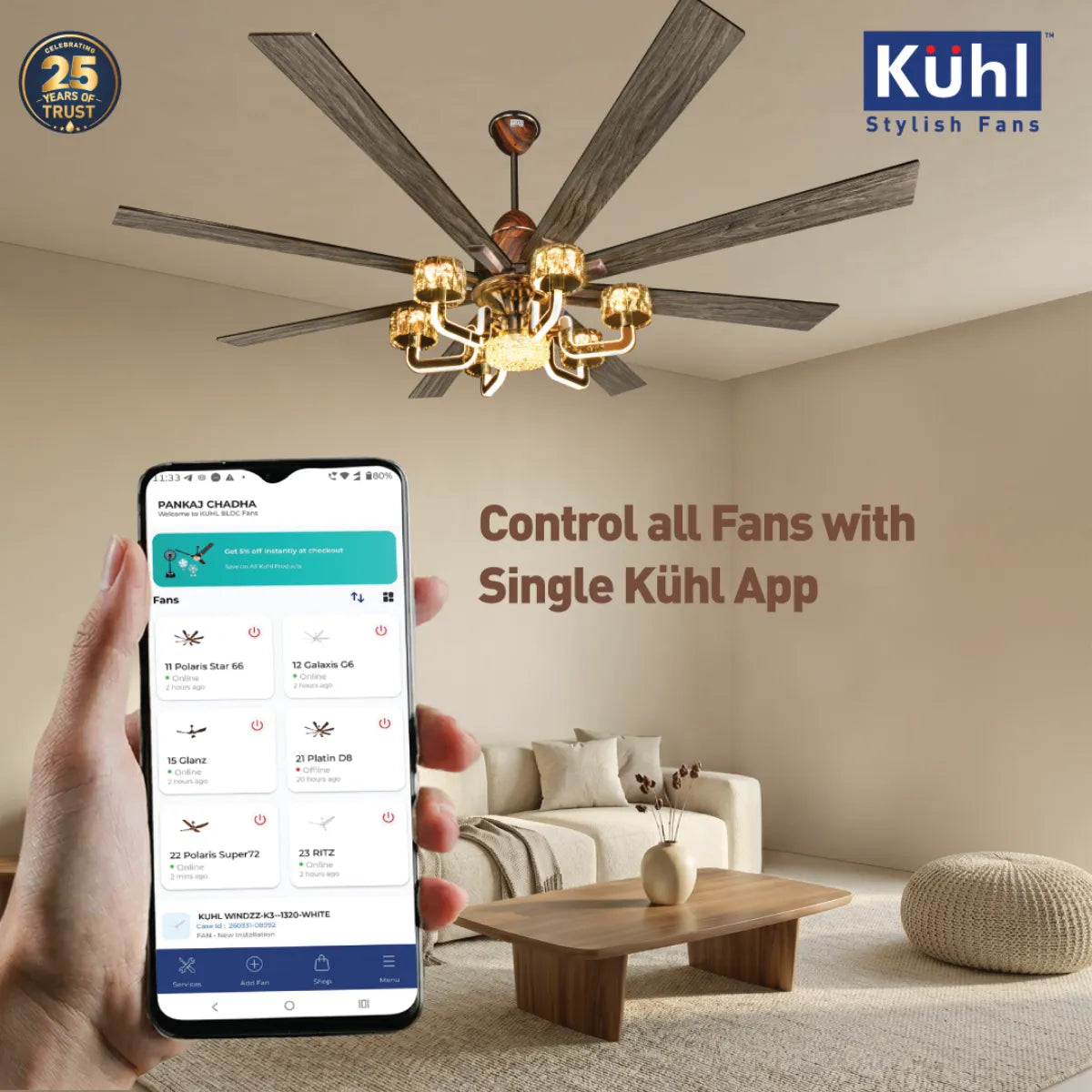Kühl Centauri 8 BLDC 1800mm Ceiling Fan | Next-Gen BLDC Motor | Saves Up to 65% Electricity | Operates on Smart Phone, Remote, IoT/ Wi-Fi and Alexa/ Voice Control | 35W | 35W Chandelier | High Airflow