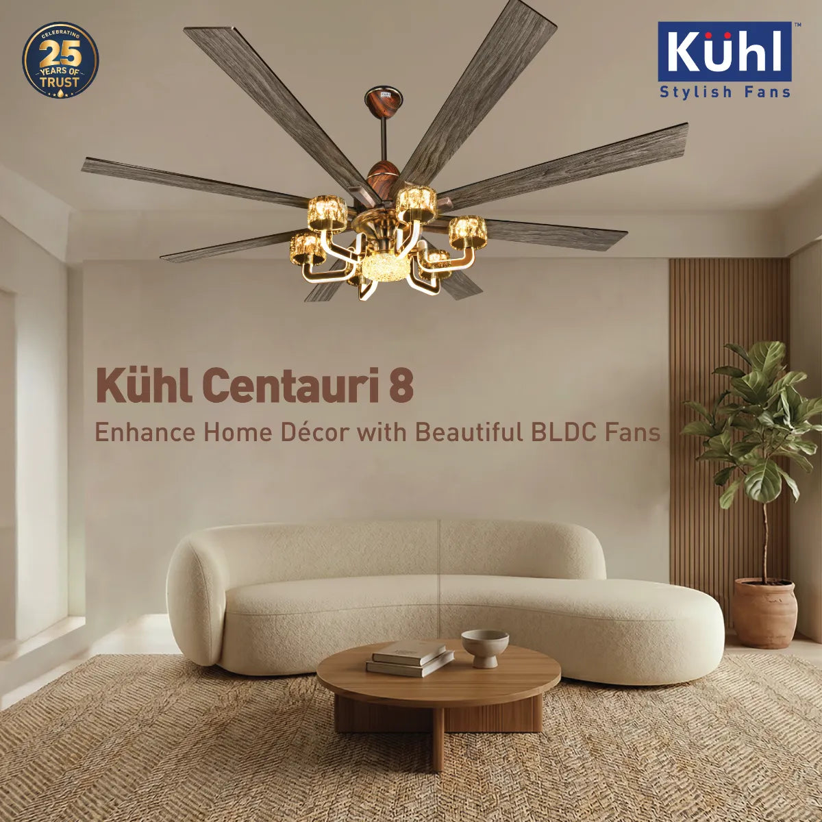 Kühl Centauri 8 BLDC 1800mm Ceiling Fan | Next-Gen BLDC Motor | Saves Up to 65% Electricity | Operates on Smart Phone, Remote, IoT/ Wi-Fi and Alexa/ Voice Control | 35W | 35W Chandelier | High Airflow