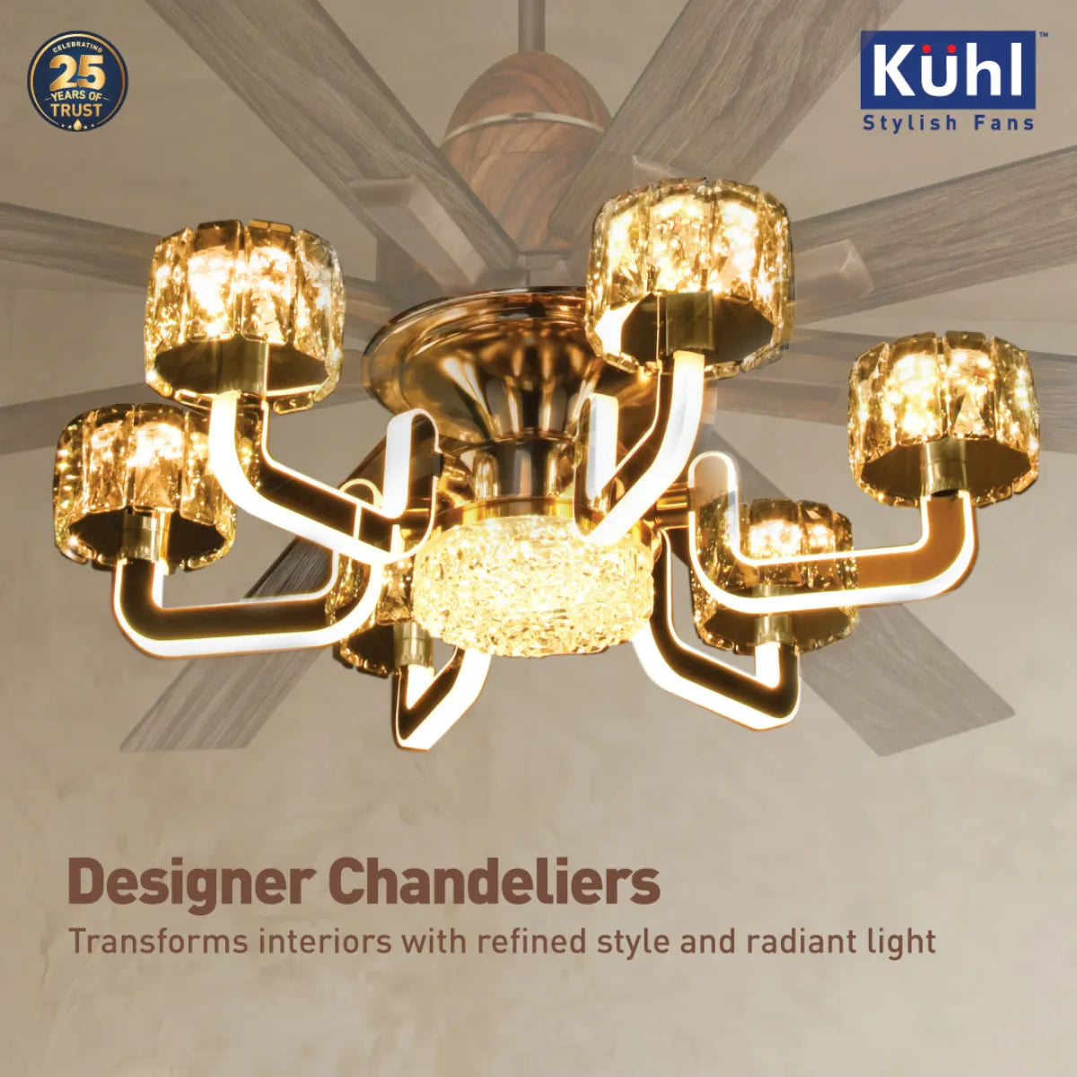 Kühl Centauri 8 BLDC 1800mm Ceiling Fan | Next-Gen BLDC Motor | Saves Up to 65% Electricity | Operates on Smart Phone, Remote, IoT/ Wi-Fi and Alexa/ Voice Control | 35W | 35W Chandelier | High Airflow