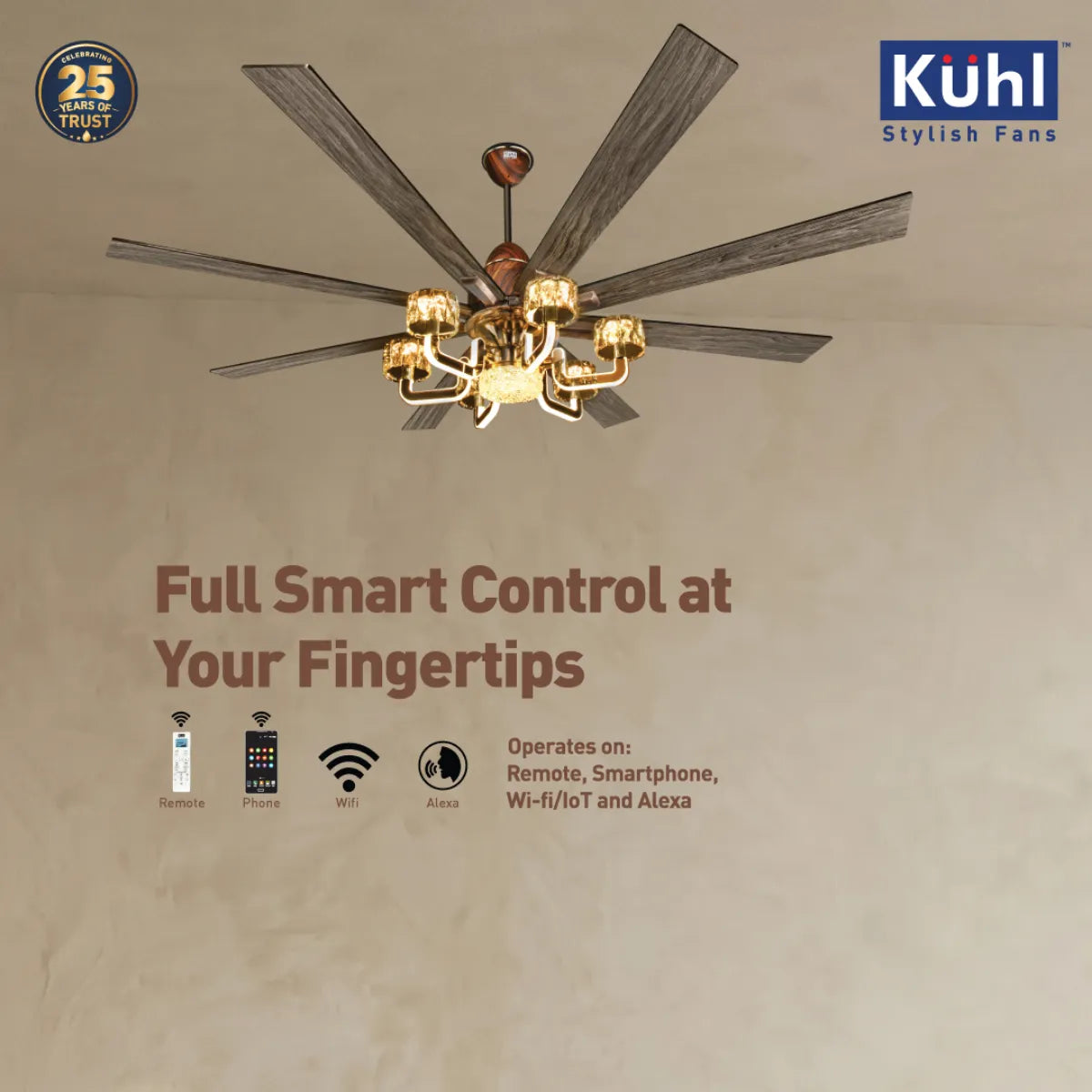 Kühl Centauri 8 BLDC 1800mm Ceiling Fan | Next-Gen BLDC Motor | Saves Up to 65% Electricity | Operates on Smart Phone, Remote, IoT/ Wi-Fi and Alexa/ Voice Control | 35W | 35W Chandelier | High Airflow