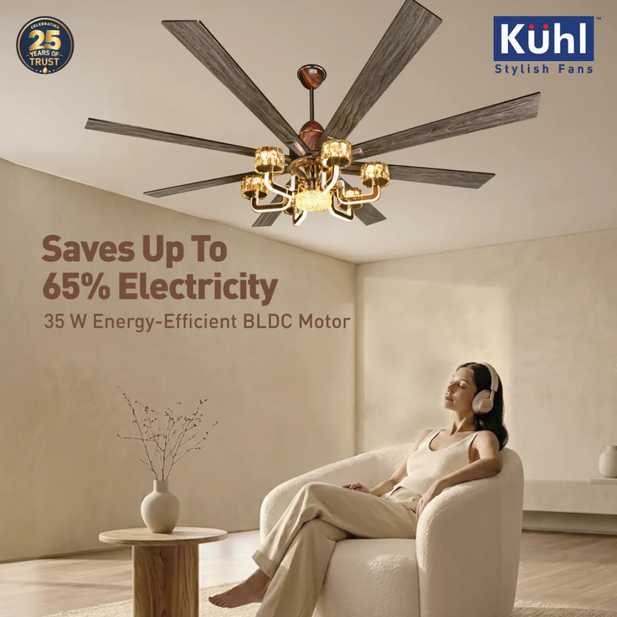 Kühl Centauri 8 BLDC 1800mm Ceiling Fan | Next-Gen BLDC Motor | Saves Up to 65% Electricity | Operates on Smart Phone, Remote, IoT/ Wi-Fi and Alexa/ Voice Control | 35W | 35W Chandelier | High Airflow
