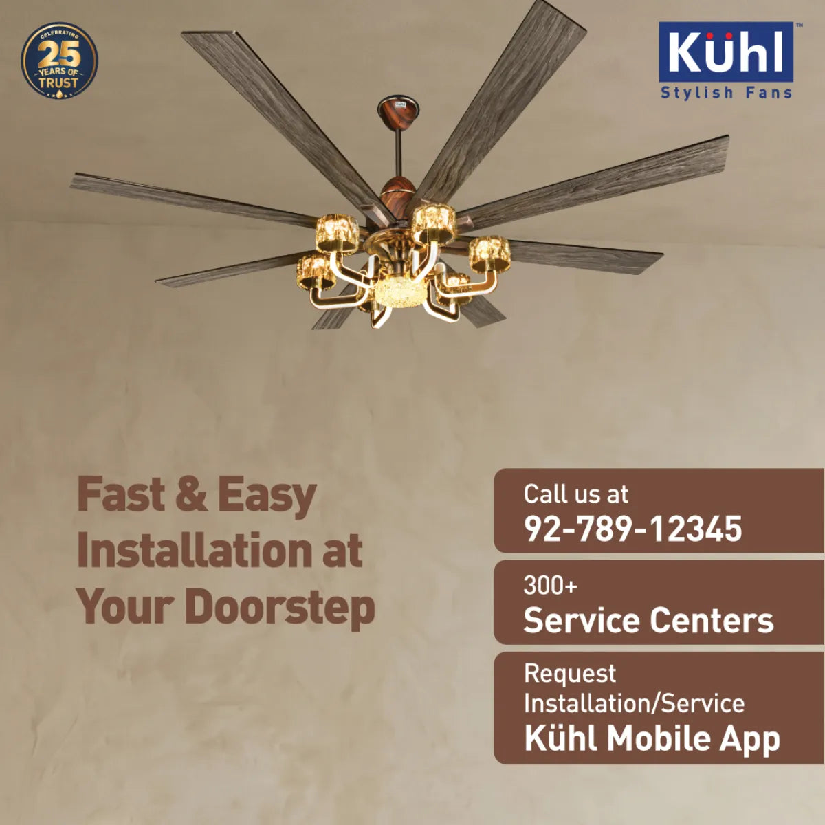 Kühl Centauri 8 BLDC 1800mm Ceiling Fan | Next-Gen BLDC Motor | Saves Up to 65% Electricity | Operates on Smart Phone, Remote, IoT/ Wi-Fi and Alexa/ Voice Control | 35W | 35W Chandelier | High Airflow