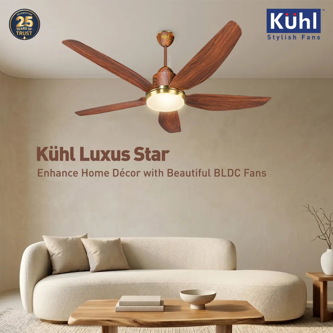 Kühl Luxus Star BLDC 1400mm Ceiling Fan | Next-Gen BLDC Motor | Saves Up to 65% Electricity | Operates on Smart Phone, Remote, IoT/ Wi-Fi and Alexa/ Voice Control | 32W | 3-Colour Down Light | BEE 5-Star & ISI Certified