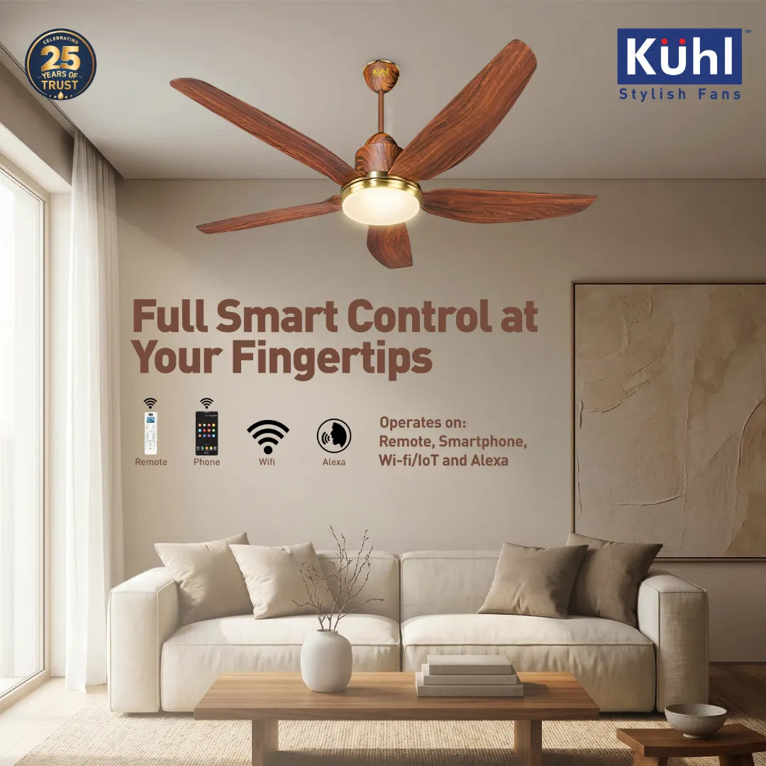 Kühl Luxus Star BLDC 1400mm Ceiling Fan | Next-Gen BLDC Motor | Saves Up to 65% Electricity | Operates on Smart Phone, Remote, IoT/ Wi-Fi and Alexa/ Voice Control | 32W | 3-Colour Down Light | BEE 5-Star & ISI Certified