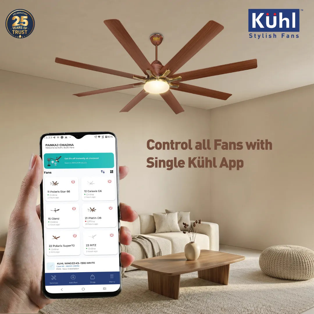 Kühl Polariz Star 66 BLDC 1650mm Ceiling Fan | Next-Gen BLDC Motor | Saves Up to 65% Electricity | Operates on Smart Phone, Remote, IoT/ Wi-Fi and Alexa/ Voice Control | 35W | 3-Colour Down Light