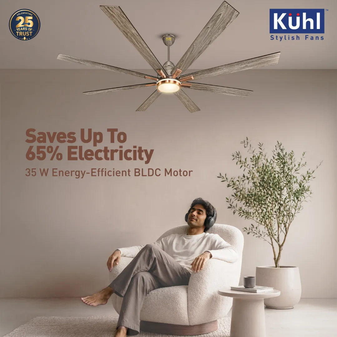 Kühl Polariz Super 72 BLDC 1800mm Ceiling Fan | Next-Gen BLDC Motor | Saves Up to 65% Electricity | Operates on Smart Phone, Remote, IoT/ Wi-Fi and Alexa/ Voice Control | 35W | 3-Colour Down Light | High Airflow