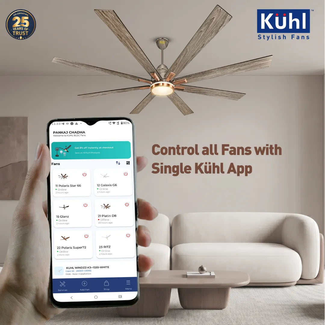 Kühl Polariz Super 72 BLDC 1800mm Ceiling Fan | Next-Gen BLDC Motor | Saves Up to 65% Electricity | Operates on Smart Phone, Remote, IoT/ Wi-Fi and Alexa/ Voice Control | 35W | 3-Colour Down Light | High Airflow