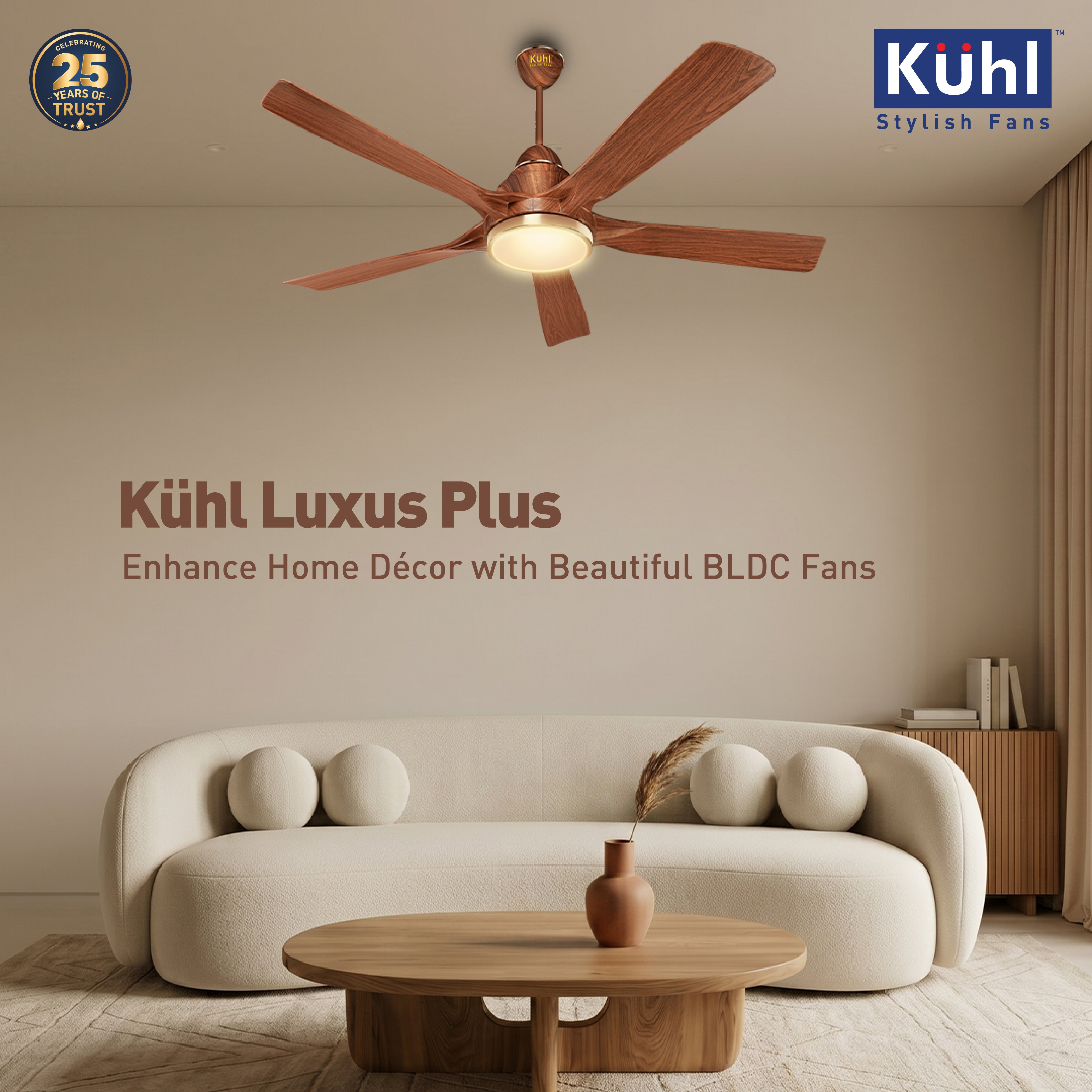 Kühl Luxus Plus BLDC 1400mm Ceiling Fan | Next-Gen BLDC Motor | Saves Up to 65% Electricity | Operates on Smart Phone, Remote, IoT/ Wi-Fi and Alexa/ Voice Control | 32W | 3-Colour Down Light | BEE 5-Star & ISI Certified