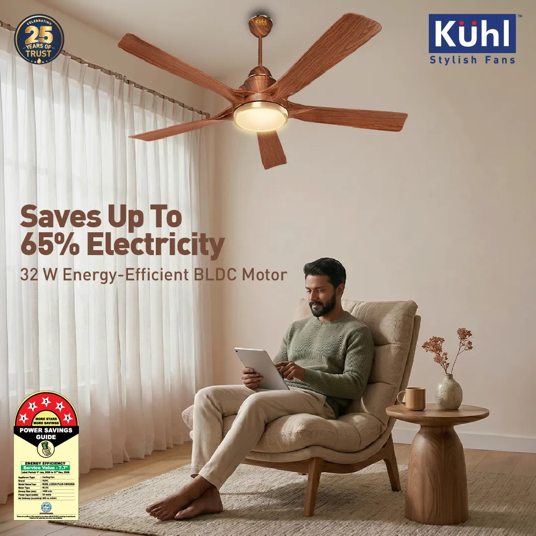 Kühl Luxus Plus BLDC 1400mm Ceiling Fan | Next-Gen BLDC Motor | Saves Up to 65% Electricity | Operates on Smart Phone, Remote, IoT/ Wi-Fi and Alexa/ Voice Control | 32W | 3-Colour Down Light | BEE 5-Star & ISI Certified