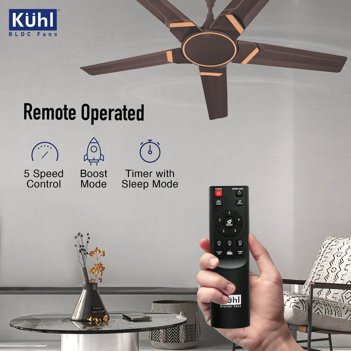 Kühl Brise Star E5 BLDC 65% Power Saving BLDC Ceiling Fan with Remote | BEE 5 Star Rated & ISI Marked | High Air Flow | 5 Year Warranty on Motor Espresso / 1320mm - high-quality product