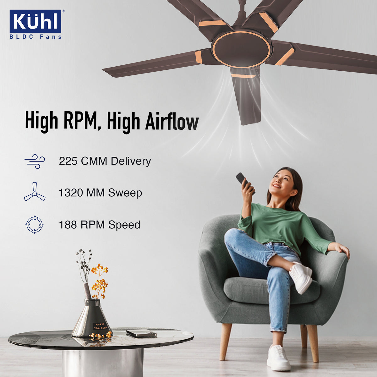 Kühl Brise Star E5 BLDC 65% Power Saving BLDC Ceiling Fan with Remote | BEE 5 Star Rated & ISI Marked | High Air Flow | 5 Year Warranty on Motor Espresso / 1320mm Aerodynamic Design for High Airflow - product feature