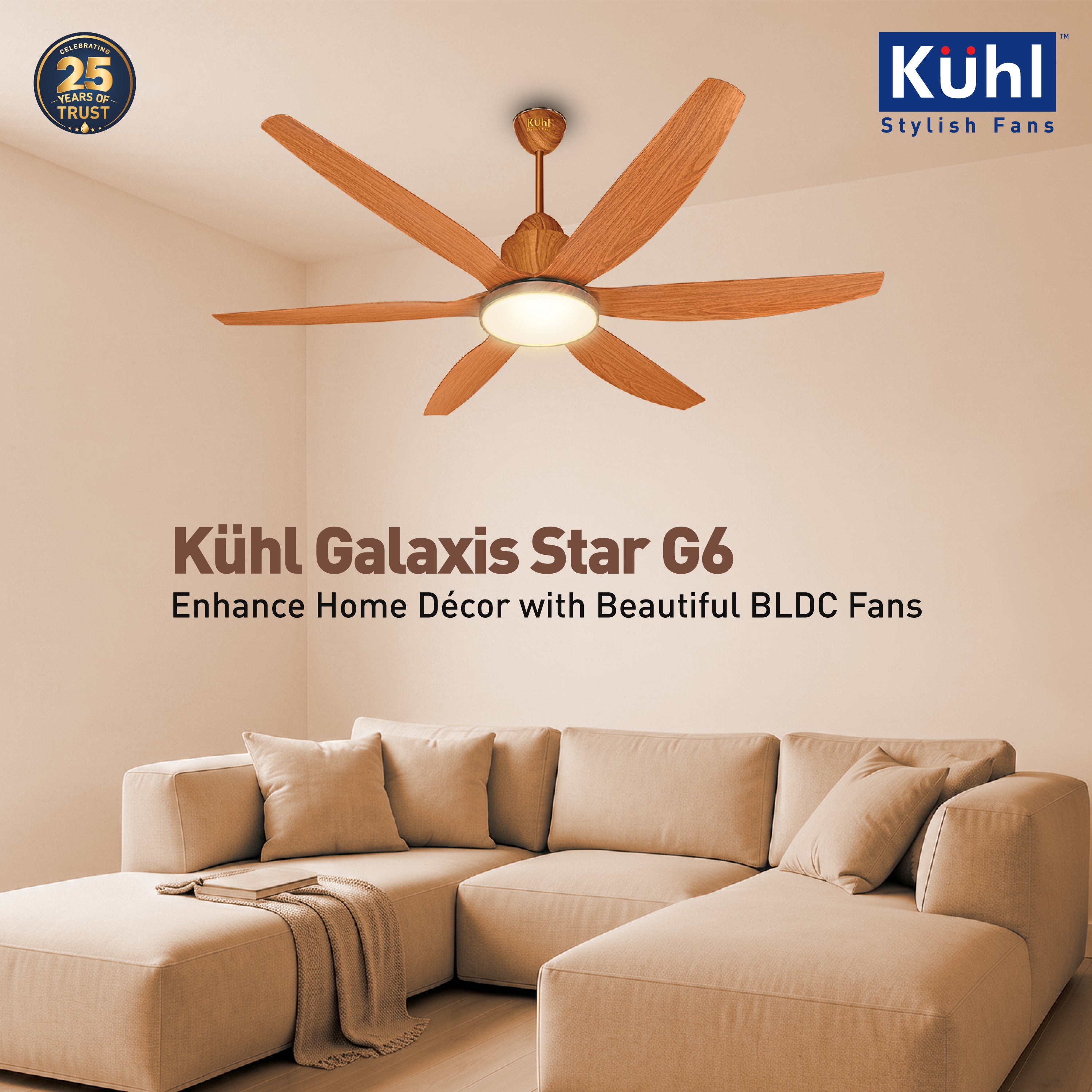 Kühl Galaxis Star G6 BLDC 1400mm Ceiling Fan | Next-Gen BLDC Motor | Saves Up to 65% Electricity | Operates on Smart Phone, Remote, IoT/ Wi-Fi and Alexa/ Voice Control | 32W | 3-Colour Down Light | BEE 5-Star &amp; ISI Certified