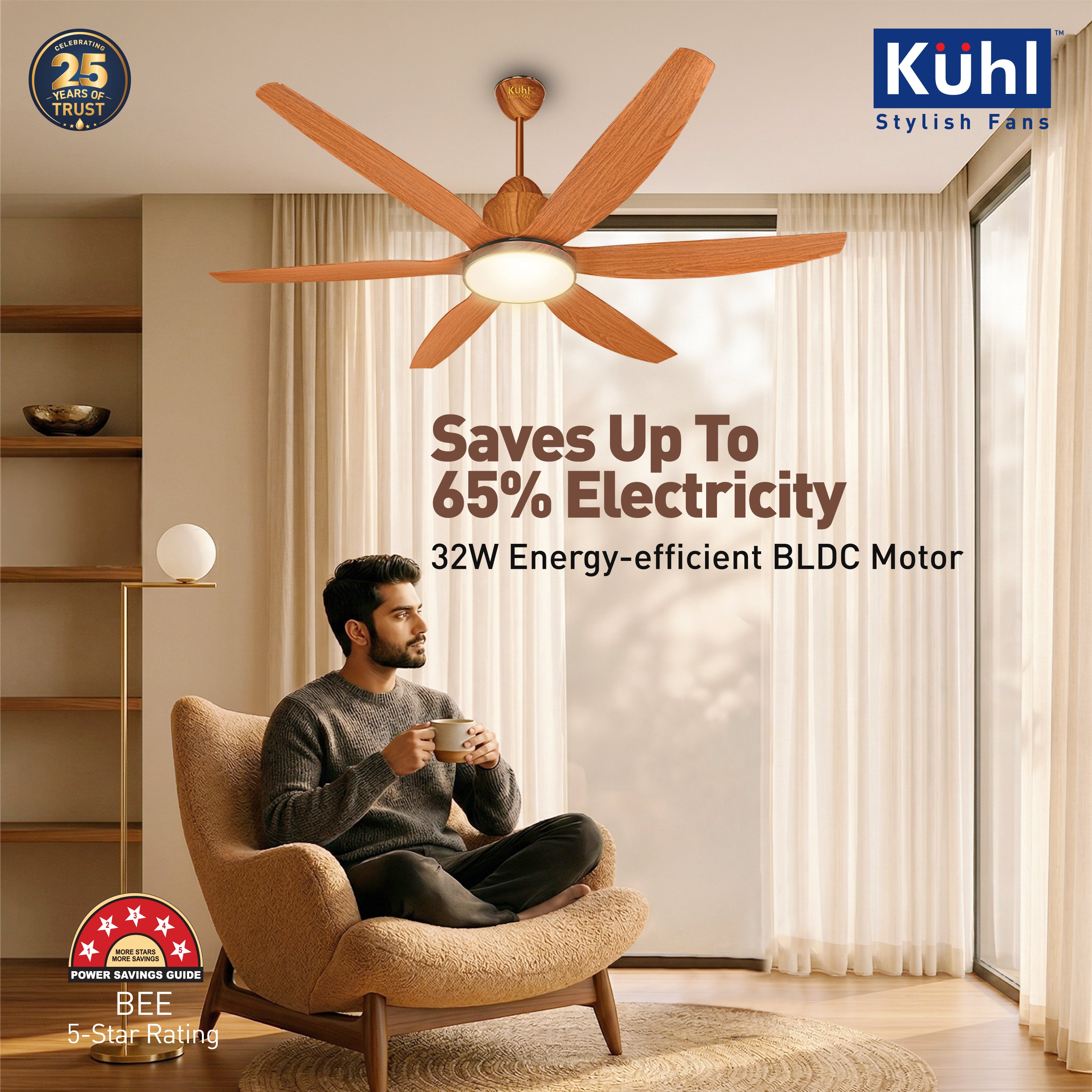 Kühl Galaxis Star G6 BLDC 1400mm Ceiling Fan | Next-Gen BLDC Motor | Saves Up to 65% Electricity | Operates on Smart Phone, Remote, IoT/ Wi-Fi and Alexa/ Voice Control | 32W | 3-Colour Down Light | BEE 5-Star &amp; ISI Certified