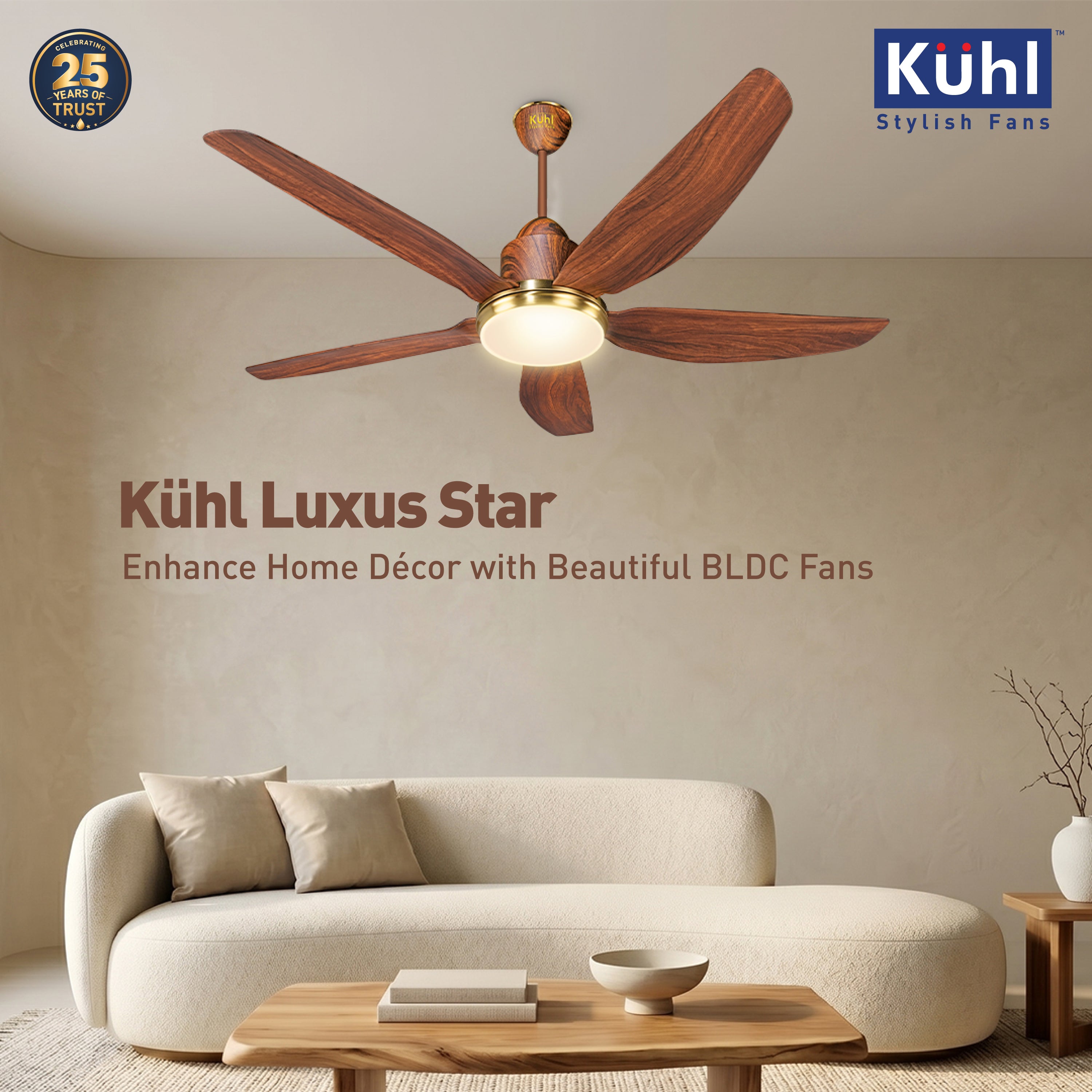 Kühl Luxus Star BLDC 1400mm Ceiling Fan | Next-Gen BLDC Motor | Saves Up to 65% Electricity | Operates on Smart Phone, Remote, IoT/ Wi-Fi and Alexa/ Voice Control | 32W | 3-Colour Down Light | BEE 5-Star &amp; ISI Certified