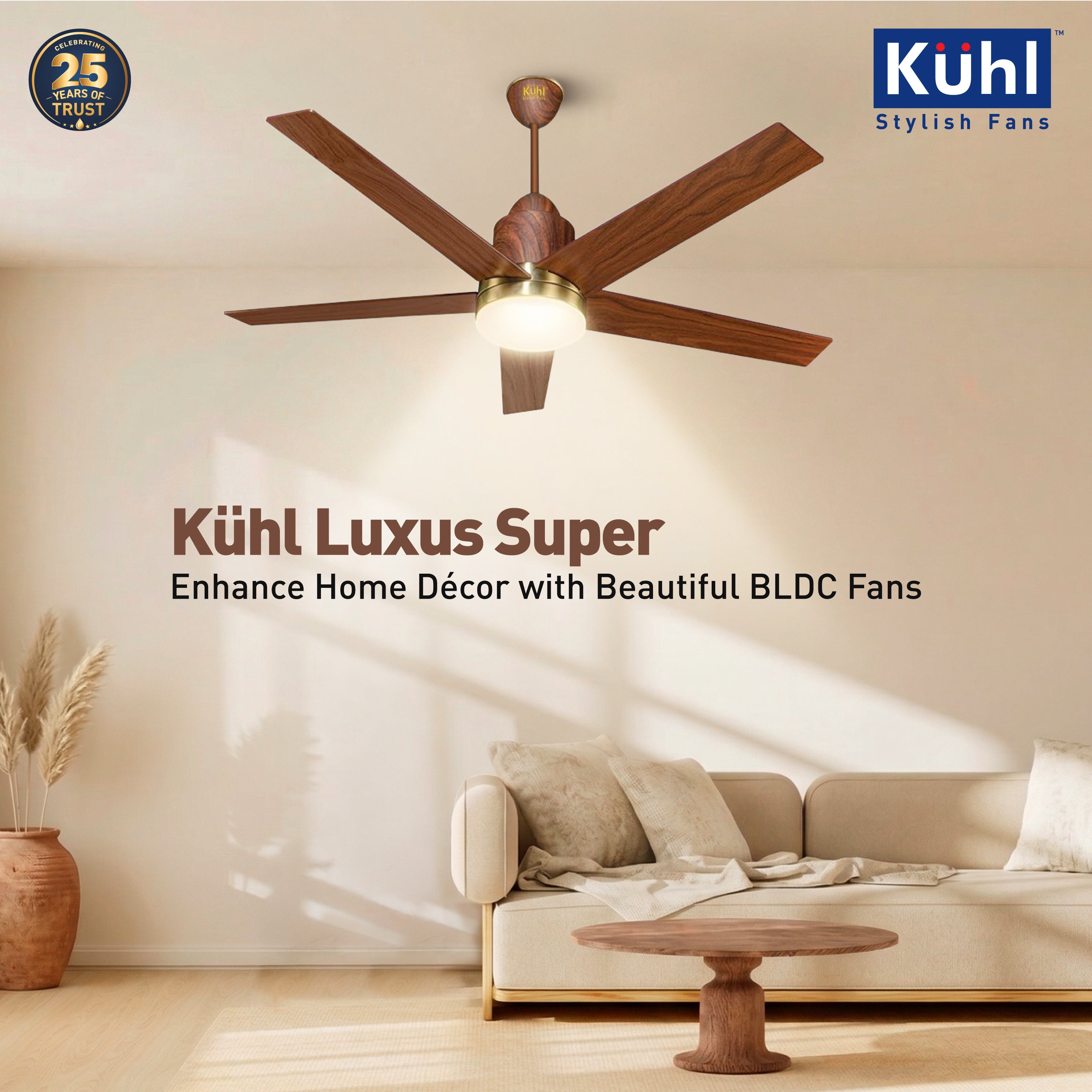 Kühl Luxus Super BLDC 1320mm Ceiling Fan | Next-Gen BLDC Motor | Saves Up to 65% Electricity | Operates on Smart Phone, Remote, IoT/ Wi-Fi and Alexa/ Voice Control | 30W | 3-Colour Down Light | BEE 5-Star &amp; ISI Certified