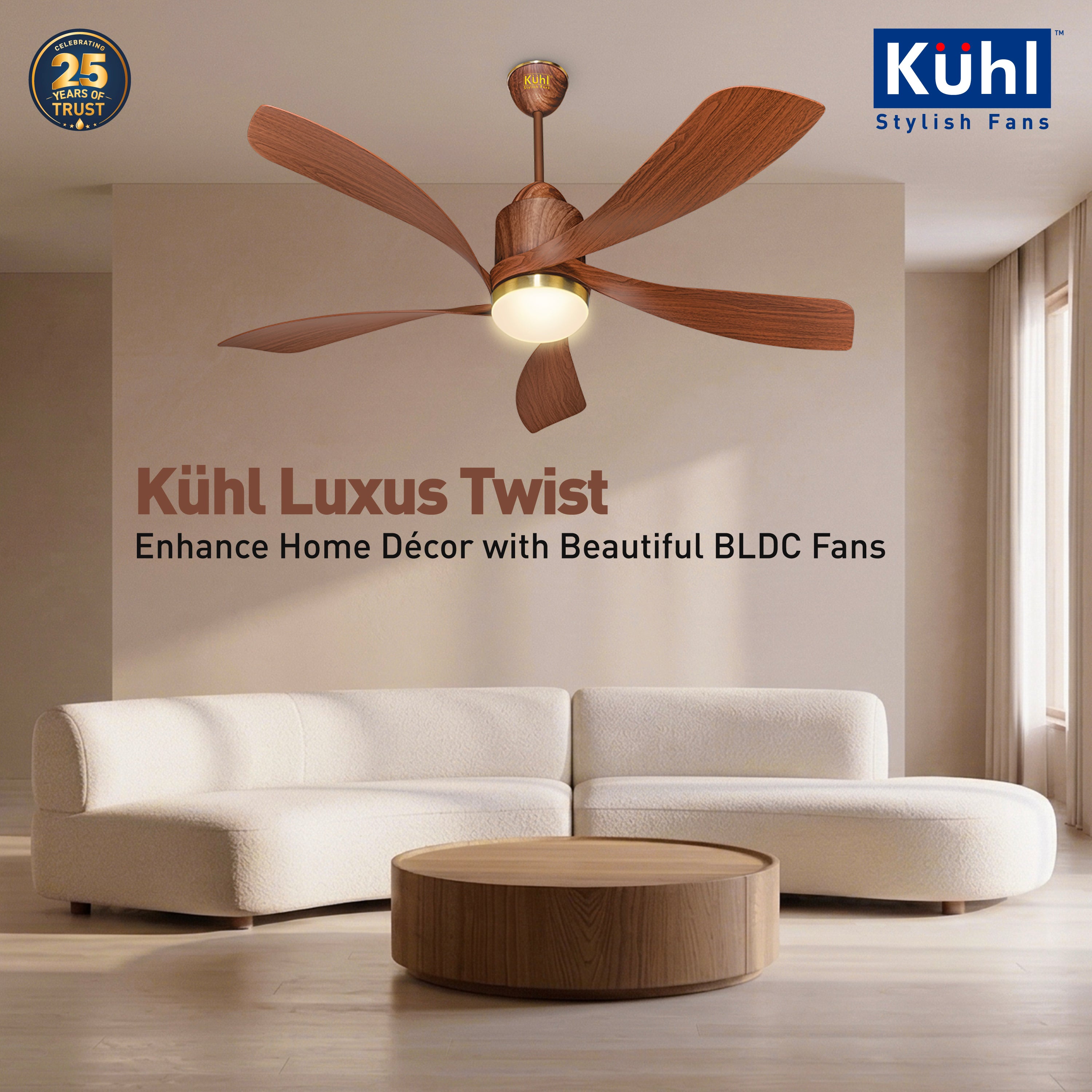 Kühl Luxus Twist BLDC 1320mm Ceiling Fan | Next-Gen BLDC Motor | Saves Up to 65% Electricity | Operates on Smart Phone, Remote, IoT/ Wi-Fi and Alexa/ Voice Control | 30W | 3-Colour Down Light | BEE 5-Star &amp; ISI Certified