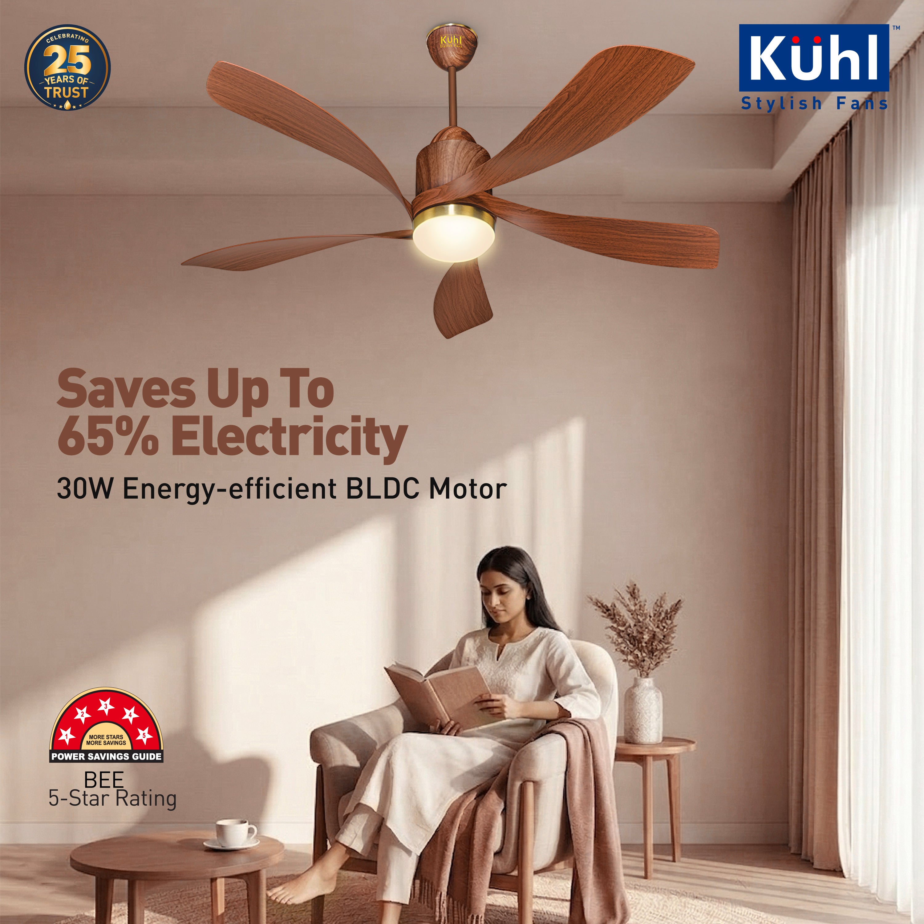 Kühl Luxus Twist BLDC 1320mm Ceiling Fan | Next-Gen BLDC Motor | Saves Up to 65% Electricity | Operates on Smart Phone, Remote, IoT/ Wi-Fi and Alexa/ Voice Control | 30W | 3-Colour Down Light | BEE 5-Star &amp; ISI Certified