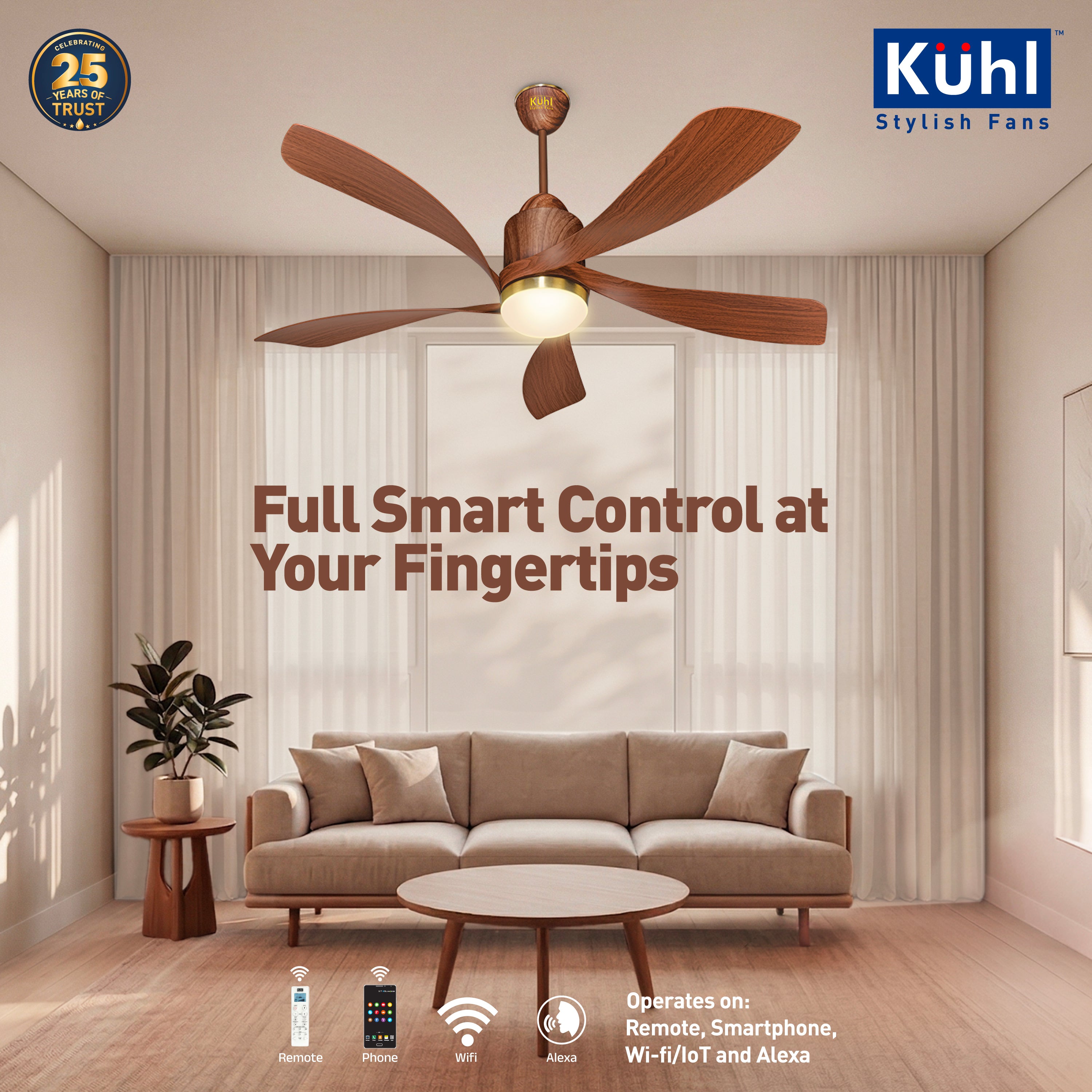 Kühl Luxus Twist BLDC 1320mm Ceiling Fan | Next-Gen BLDC Motor | Saves Up to 65% Electricity | Operates on Smart Phone, Remote, IoT/ Wi-Fi and Alexa/ Voice Control | 30W | 3-Colour Down Light | BEE 5-Star &amp; ISI Certified