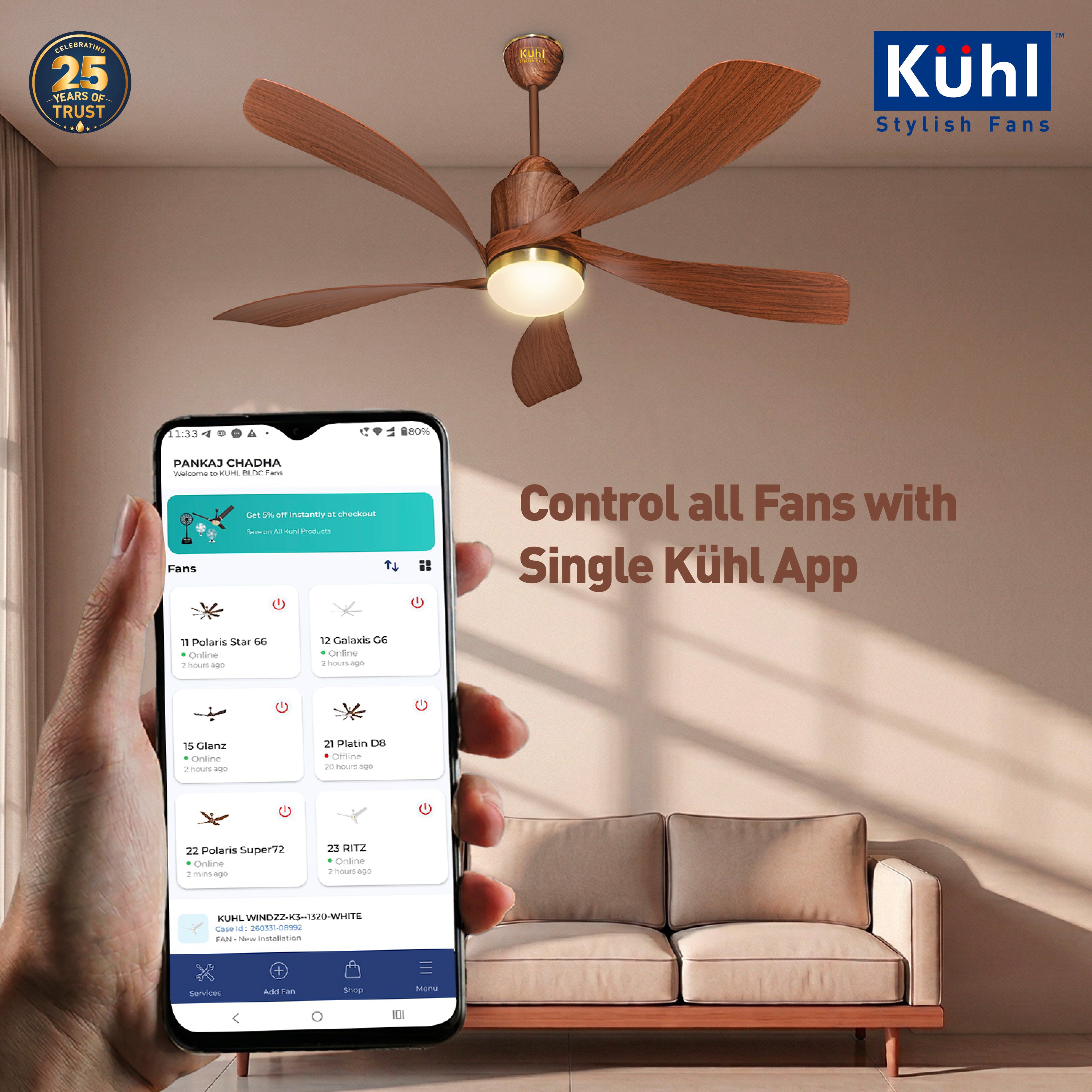 Kühl Luxus Twist BLDC 1320mm Ceiling Fan | Next-Gen BLDC Motor | Saves Up to 65% Electricity | Operates on Smart Phone, Remote, IoT/ Wi-Fi and Alexa/ Voice Control | 30W | 3-Colour Down Light | BEE 5-Star &amp; ISI Certified