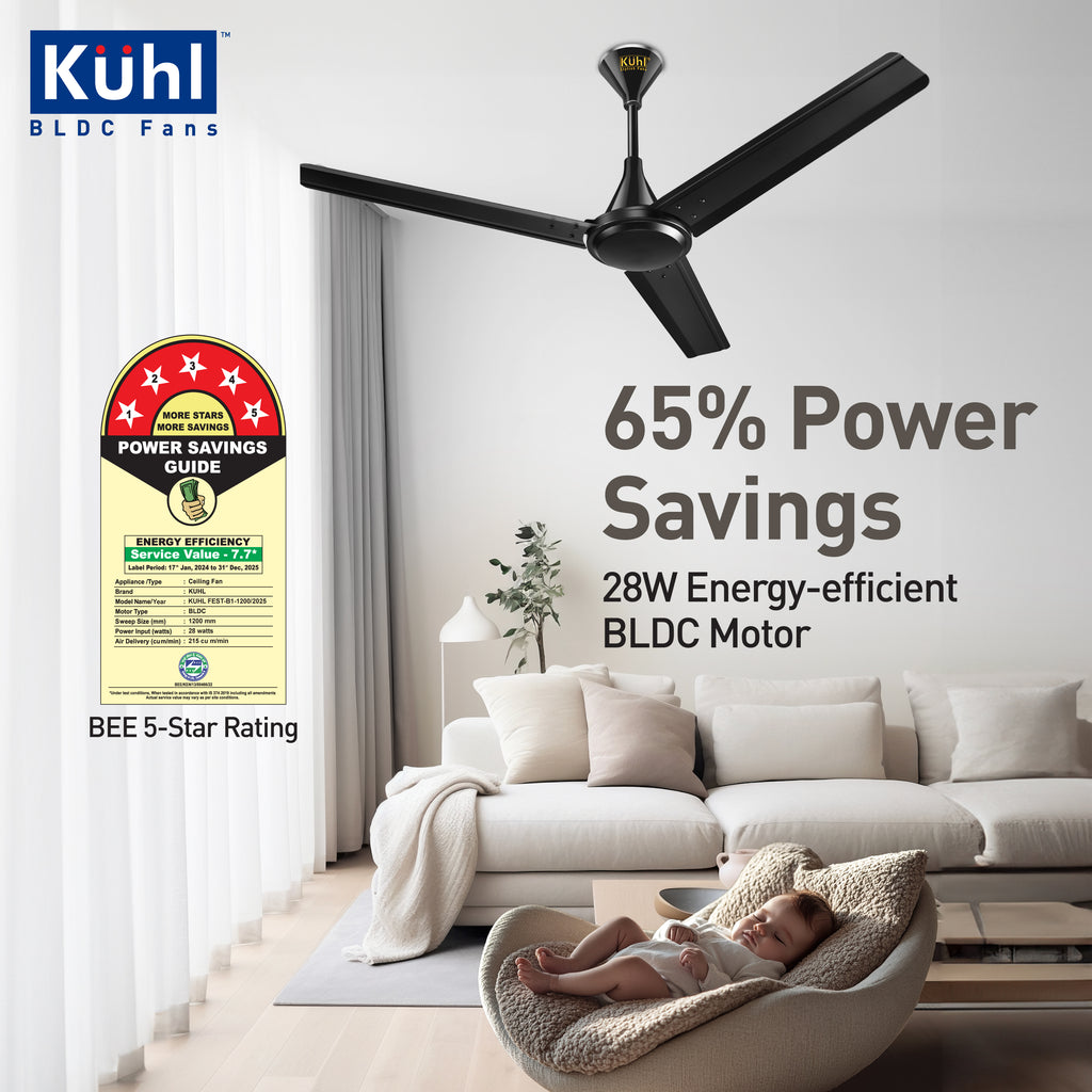 KUHL Fest B1 | Power Saving BLDC Ceiling Fan | 28W | Saves Upto 65% El