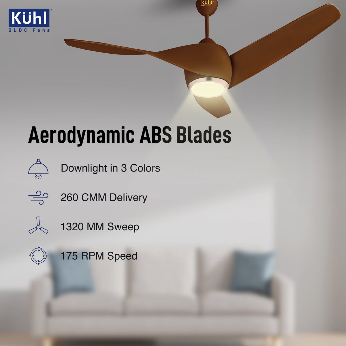 KUHL Twist L3 65% Power Saving BLDC Ceiling Fan | BEE 5 Star Rated & ISI Marked | High Air Flow|5Year Warranty on Motor By Brand | Free Installation | IoT – Operate via Mobile & Alexa | Brown | 1320mm Elegant Design with Integrated Downlight - product feature