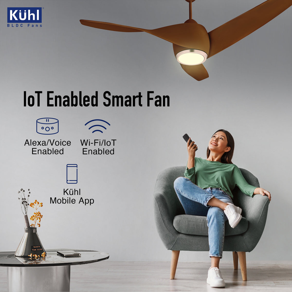 KUHL Twist L3 65% Power Saving BLDC Ceiling Fan | BEE 5 Star Rated & ISI Marked | High Air Flow|5Year Warranty on Motor By Brand | Free Installation | IoT – Operate via Mobile & Alexa | Brown | 1320mm - high-quality product