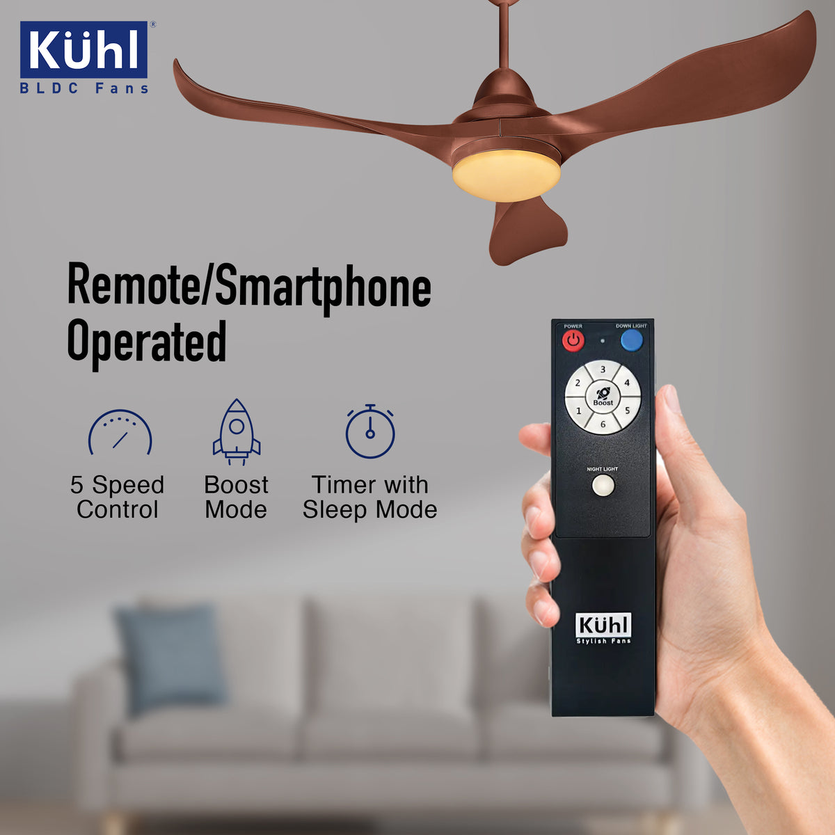 Kühl Glanz F3 BLDC 65% Power Saving BLDC Ceiling Fan with Remote | BEE 5 Star Rated & ISI Marked | High Air Flow | 5 Year Warranty on Motor Brown / 1320mm - high-quality product