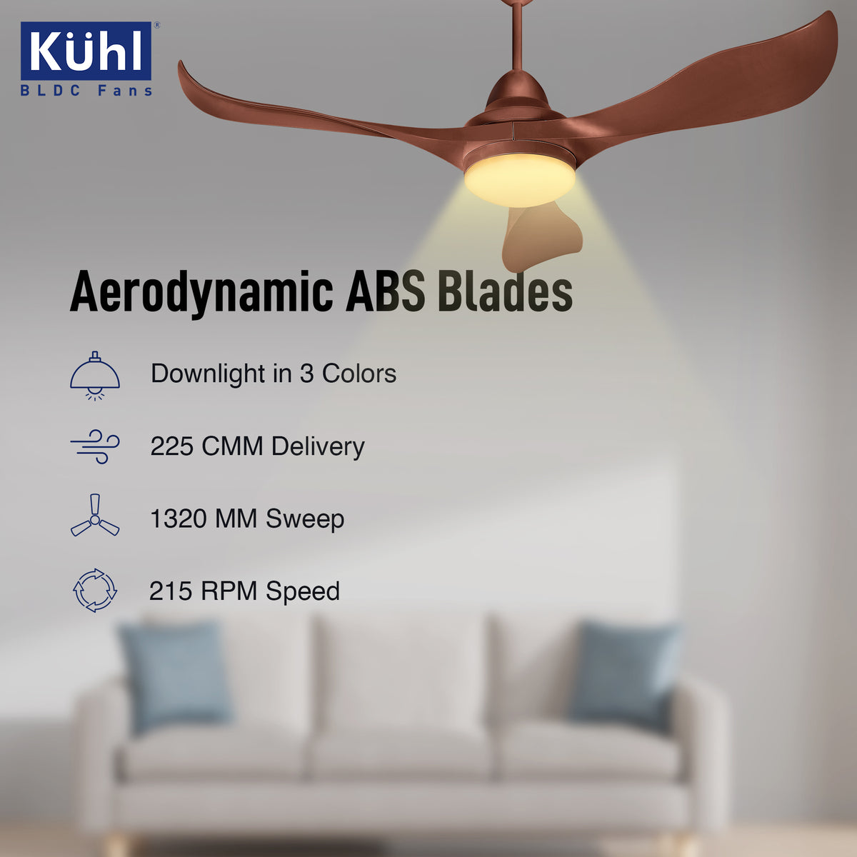 Kühl Glanz F3 BLDC 65% Power Saving BLDC Ceiling Fan with Remote | BEE 5 Star Rated & ISI Marked | High Air Flow | 5 Year Warranty on Motor Brown / 1320mm BEE 5-Star Rated & High Air Delivery - product feature