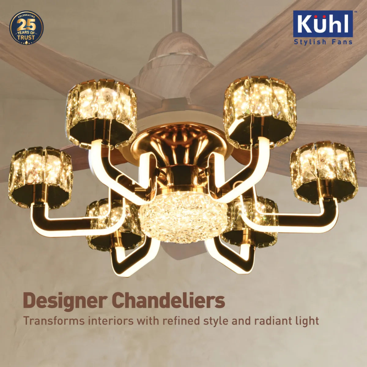 Kühl Centauri 5 BLDC 1320mm Ceiling Fan | Next-Gen BLDC Motor | Saves Up to 65% Electricity | Operates on Smart Phone, Remote, IoT/ Wi-Fi and Alexa/ Voice Control | 38W | 35W Chandelier | BEE 5-Star &amp; ISI Certified