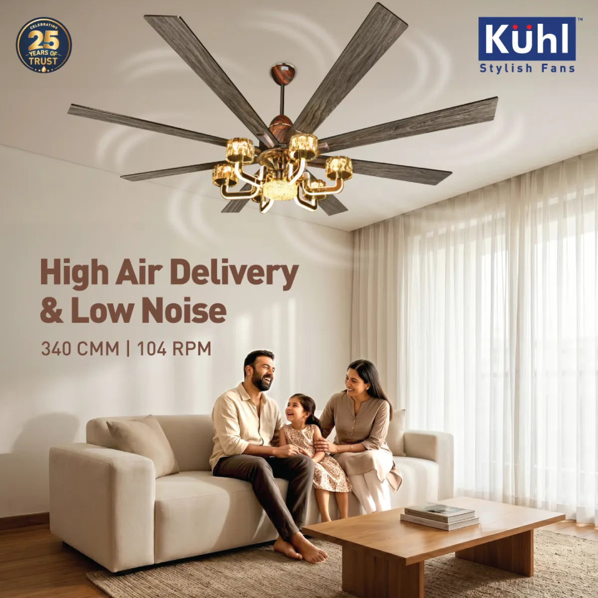 Kühl Centauri 8 BLDC 1800mm Ceiling Fan | Next-Gen BLDC Motor | Saves Up to 65% Electricity | Operates on Smart Phone, Remote, IoT/ Wi-Fi and Alexa/ Voice Control | 35W | 35W Chandelier | High Airflow
