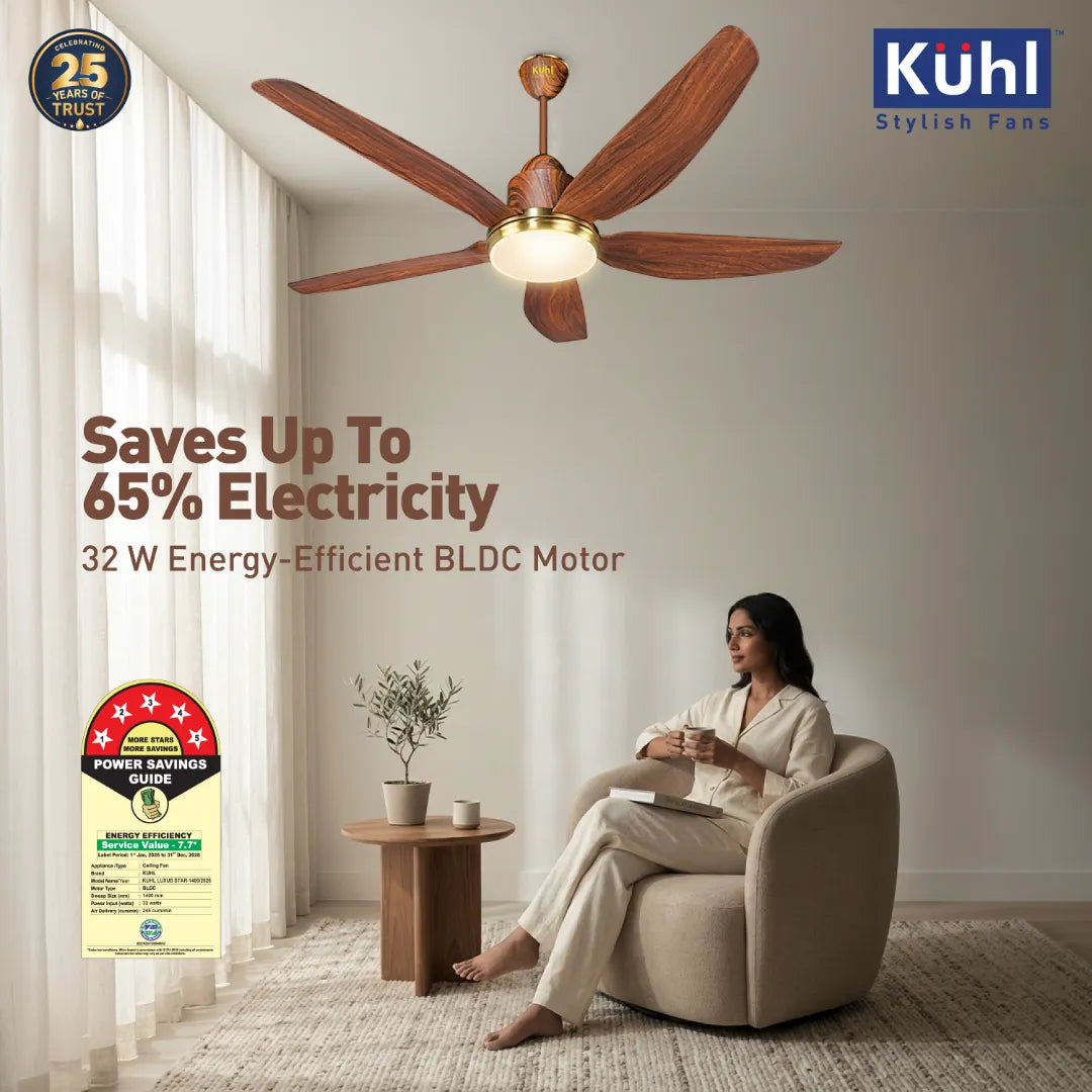 Kühl Luxus Star BLDC 1400mm Ceiling Fan | Next-Gen BLDC Motor | Saves Up to 65% Electricity | Operates on Smart Phone, Remote, IoT/ Wi-Fi and Alexa/ Voice Control | 32W | 3-Colour Down Light | BEE 5-Star &amp; ISI Certified