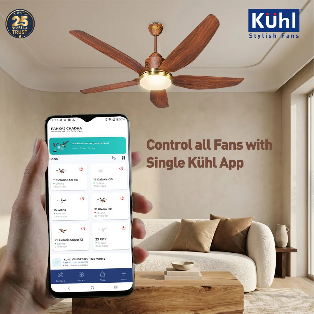 Kühl Luxus Star BLDC 1400mm Ceiling Fan | Next-Gen BLDC Motor | Saves Up to 65% Electricity | Operates on Smart Phone, Remote, IoT/ Wi-Fi and Alexa/ Voice Control | 32W | 3-Colour Down Light | BEE 5-Star &amp; ISI Certified
