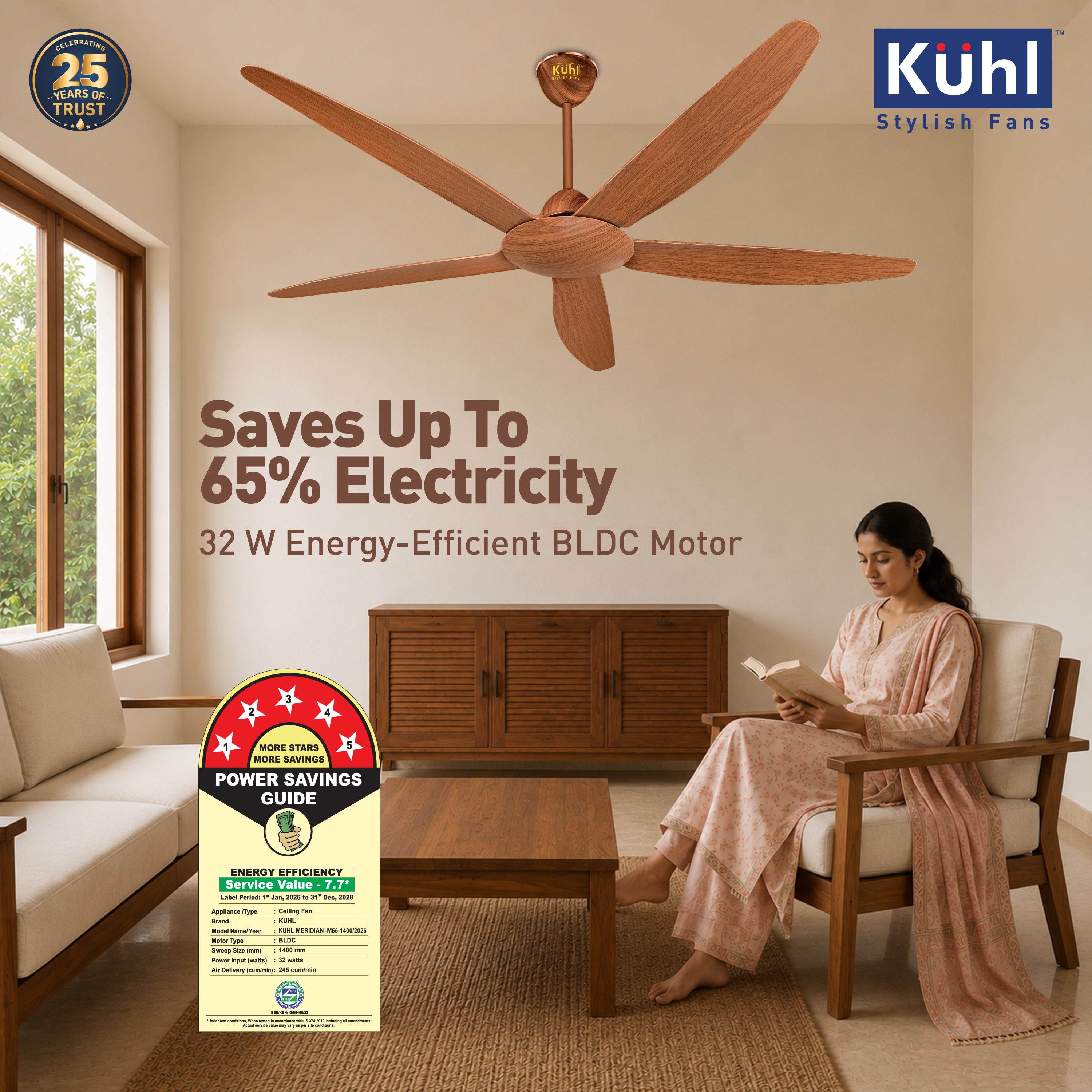 Kühl Meridian M55 BLDC 1400mm Ceiling Fan | Next-Gen BLDC Motor | Saves Up to 65% Electricity | Operates on Smart Phone, Remote, IoT/ Wi-Fi and Alexa/ Voice Control | 32W | BEE 5-Star &amp; ISI Certified | High Airflow