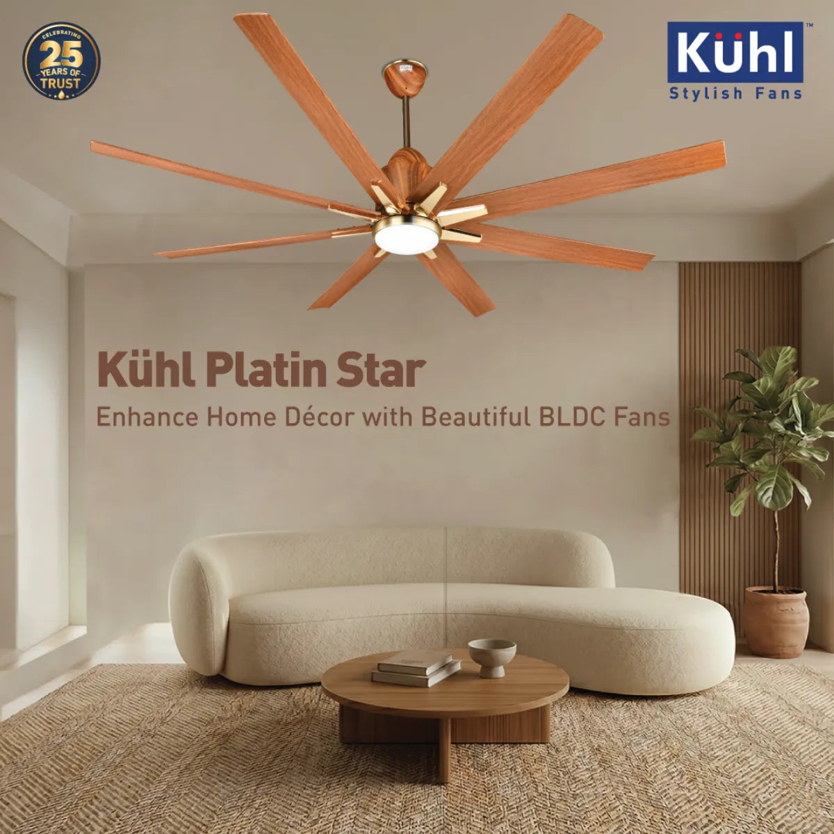 Kühl Platin Star BLDC 1550mm Ceiling Fan | Next-Gen BLDC Motor | Saves Up to 65% Electricity | Operates on Smart Phone, Remote, IoT/ Wi-Fi and Alexa/ Voice Control | 35W | 3-Colour Down Light